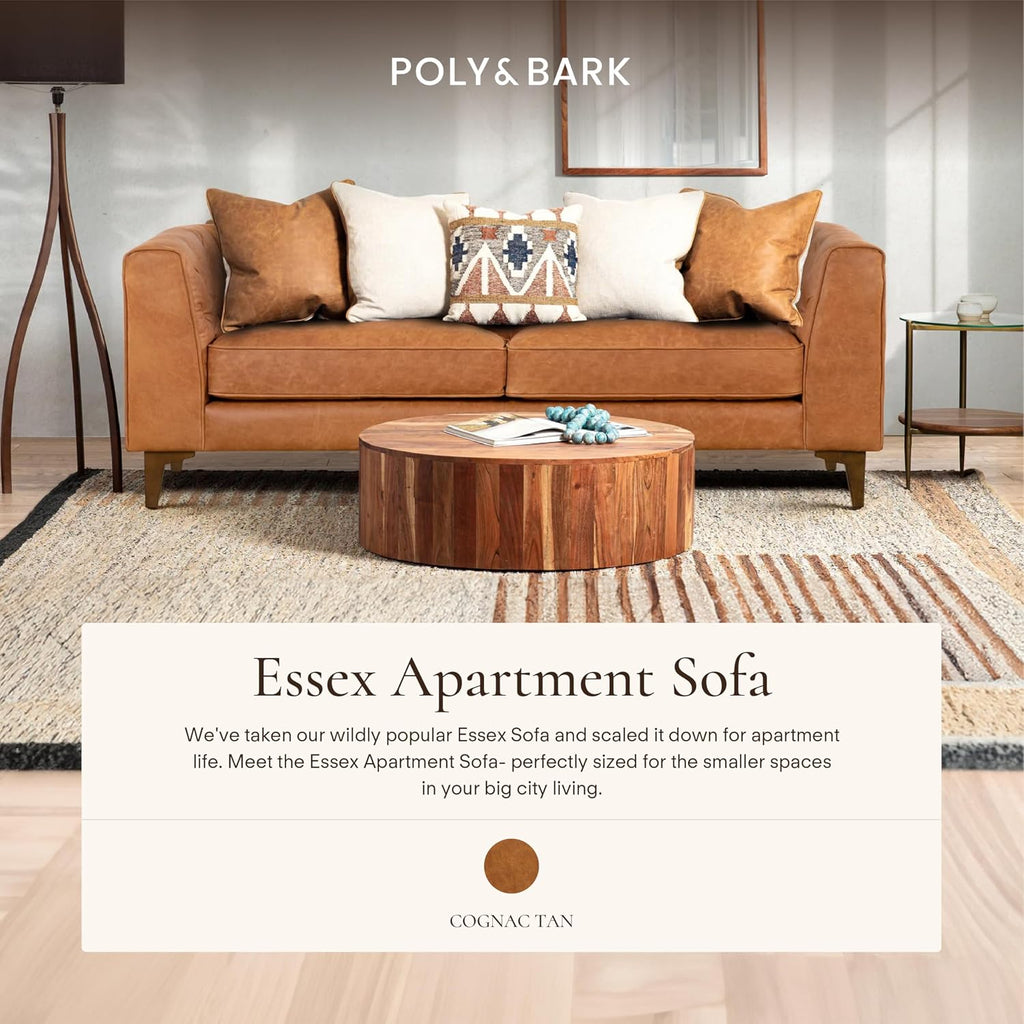 Poly & BARK Essex 74' Leather Apartment Sofa – Mid-Century Tufted Design, Full-Grain Italian Leather, Feather-Down Cushions, Cognac Tan