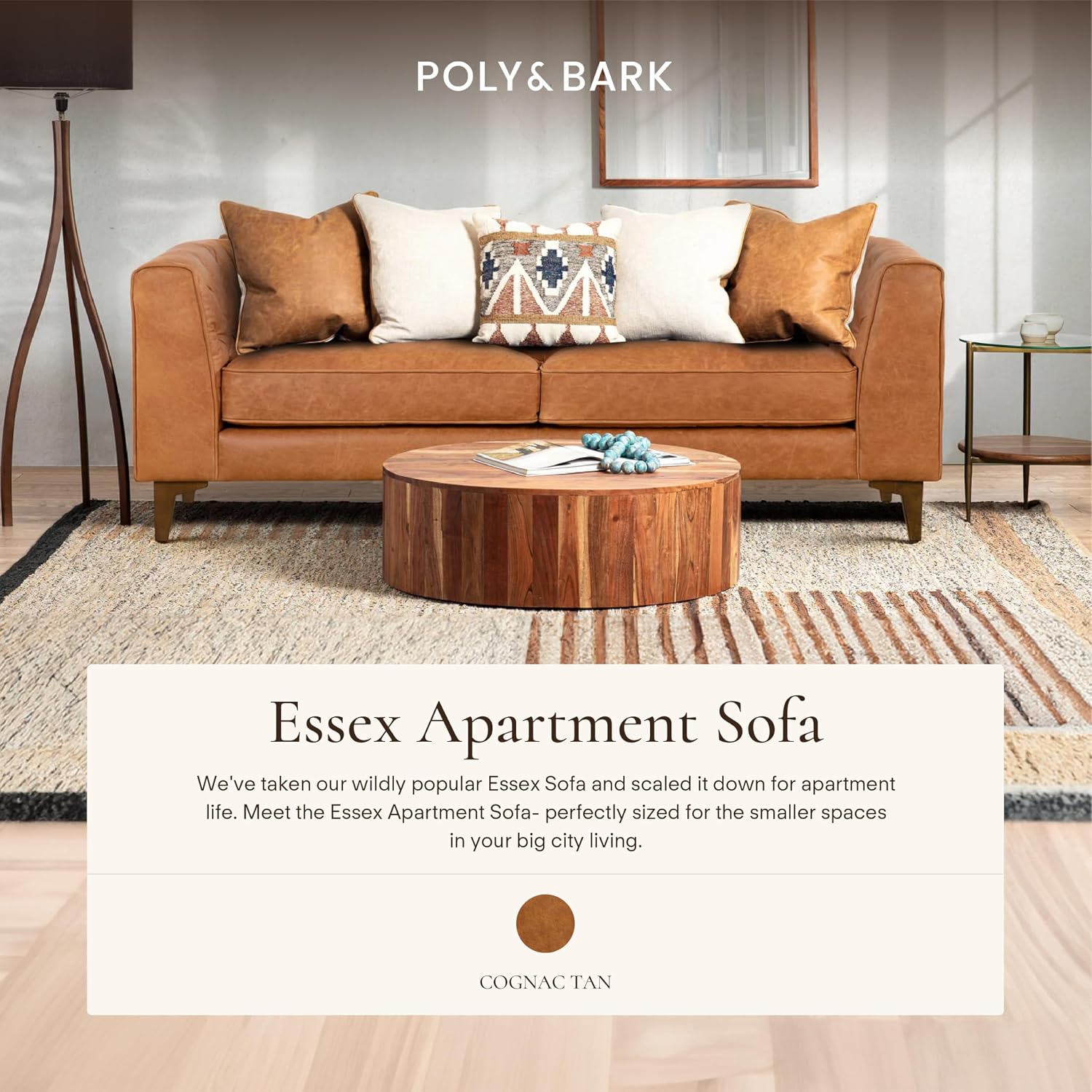 Poly & BARK Essex 74' Leather Apartment Sofa – Mid-Century Tufted Design, Full-Grain Italian Leather, Feather-Down Cushions, Cognac Tan