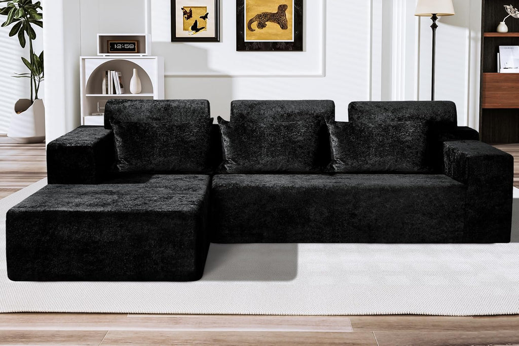 HABUTWAY 105' L-Shape Modular Sectional Sofa Couch for Living Room,No Assembly Required,Modular Comfy Sofa with Deep Seat for Living Room Bedroom,Luxury Distressed Velvet(Left,Black)