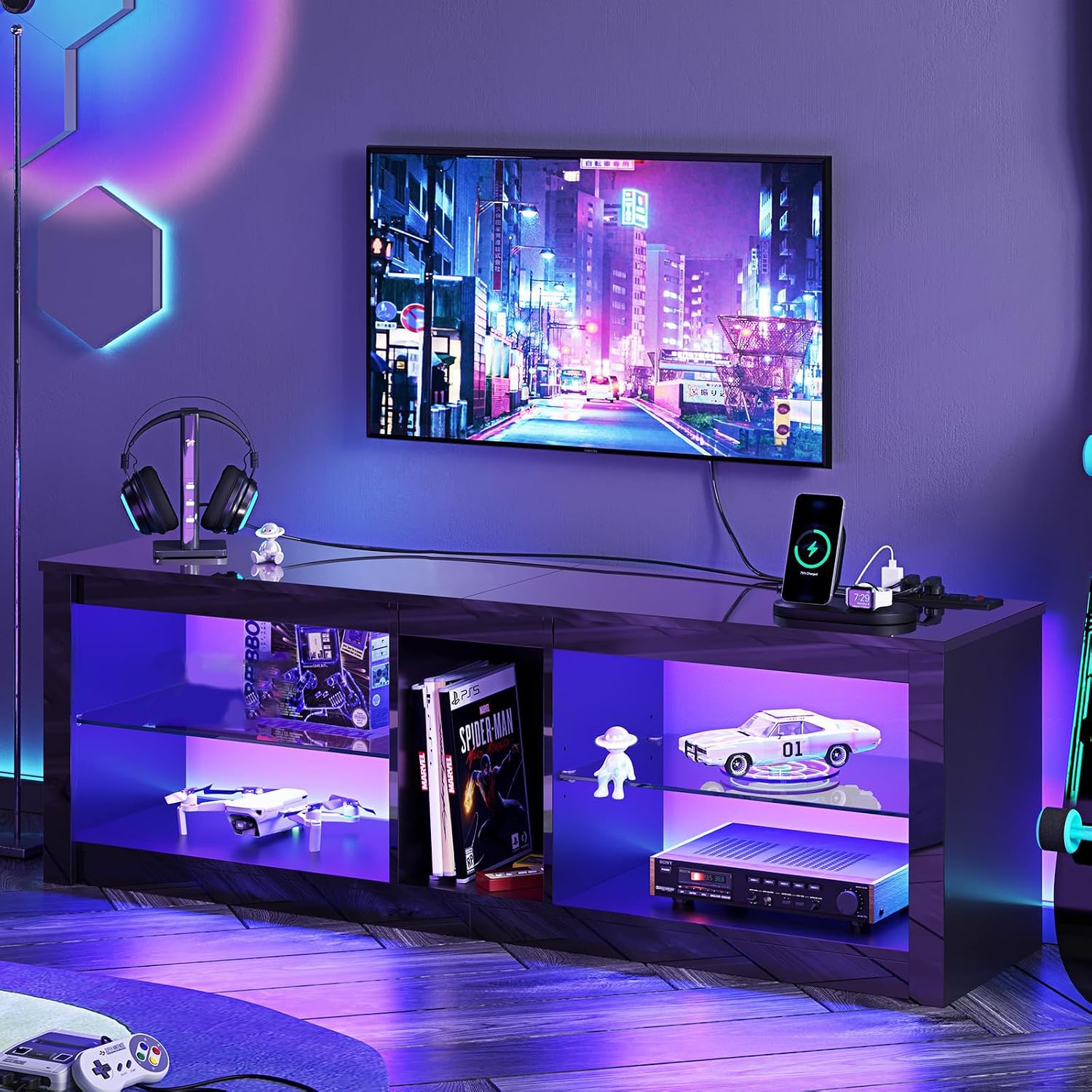 Bestier LED TV Stand for 55/60/65 Inch TV, Black High Gloss Entertainment Center with Power Outlet & Adjustable Shelves, Modern Gaming TV Console with Storage for Living Room Bedroom