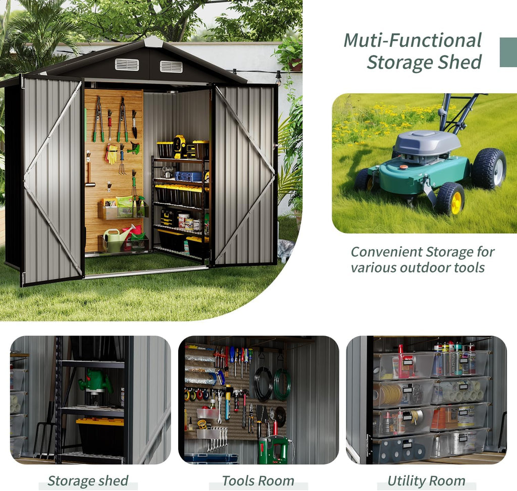 6.4' x 4' Outdoor Metal Storage Shed, Lockable Utility Garden Shed for Tools, Bikes, and Equipment, Perfect for Backyard, Patio, and Poolside (Black)