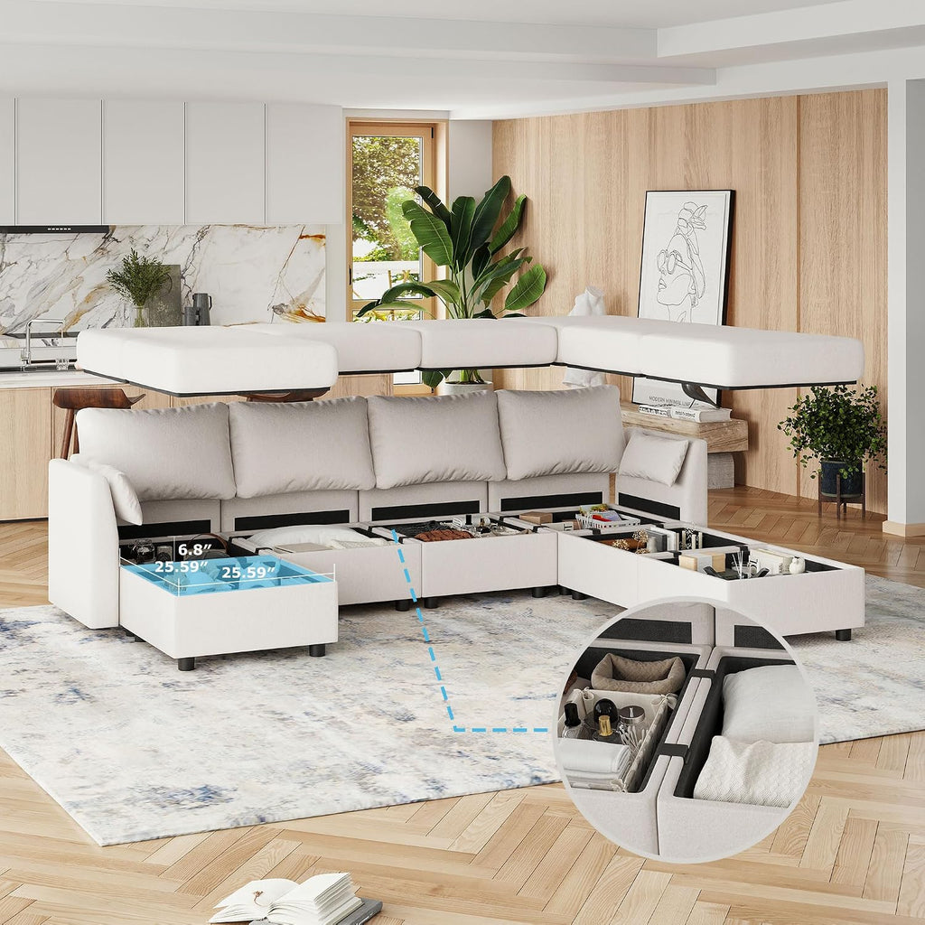 Modular Sectional Sofa, 7 Seat Sectional Couches with Storage, Memory Foam, Convertible Modular Couch for Living Room, L Shaped Comfy Modular Sofa with Chaise, Beige