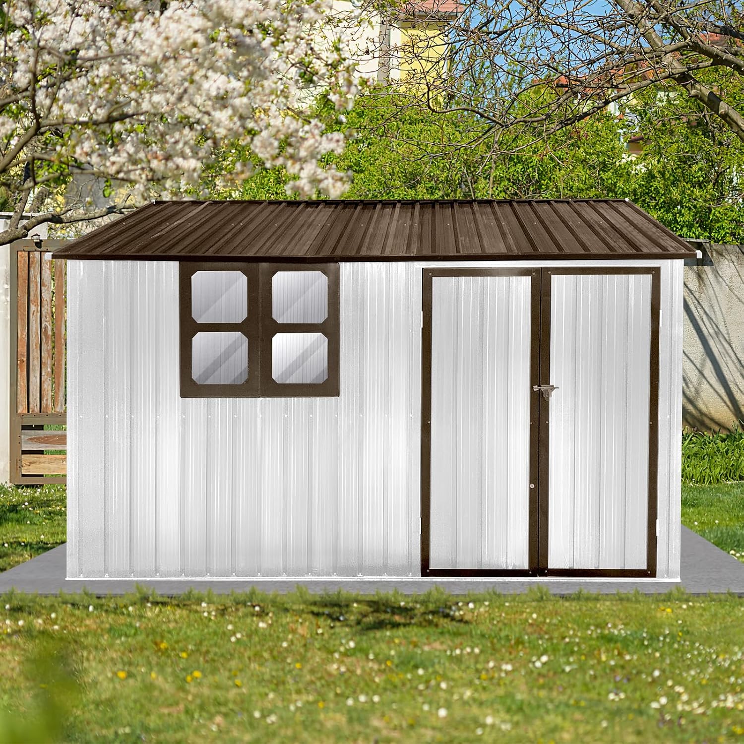 10x8 ft Outdoor Metal Storage Shed with Window, Aluminum Frame and Galvanized Steel Plate Tool Shed with Lockable Door, Air Vent, Waterproof Garden Storage House for Backyard (White)