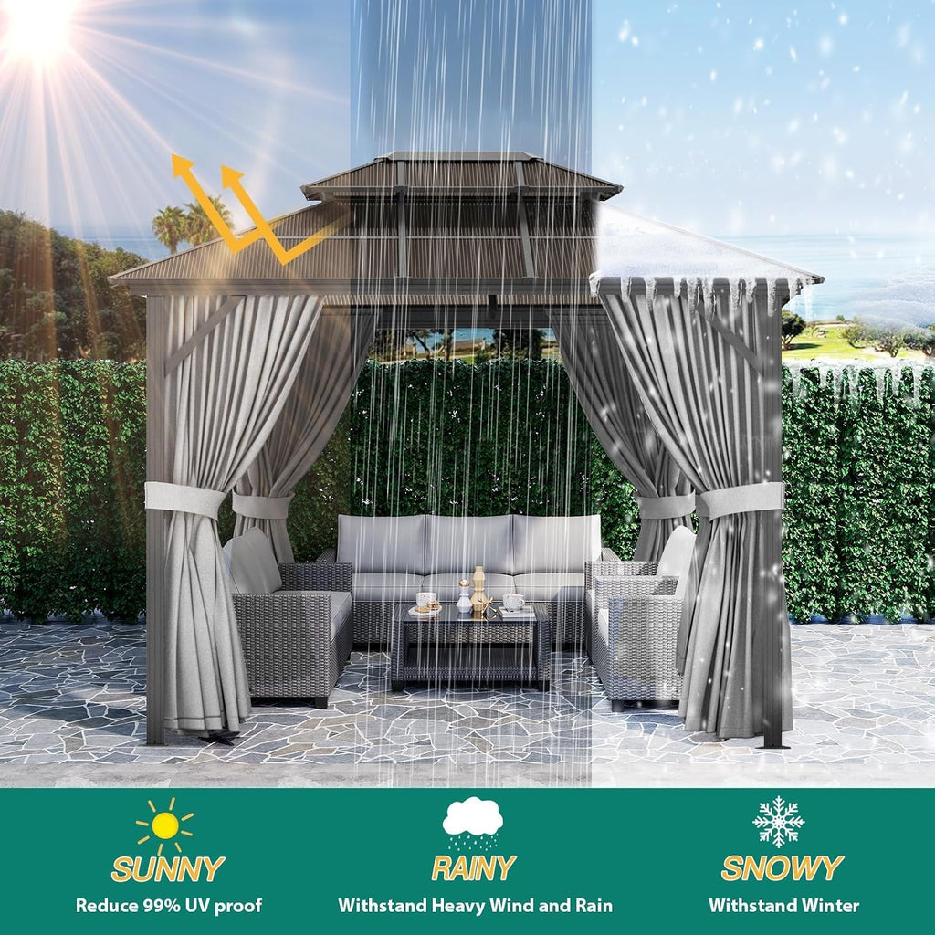 10'x12' Hardtop Gazebo - Heavy Duty Galvanized Steel Frame with Double Roof, Includes Netting & Curtains for Patio/Backyard (Gray)