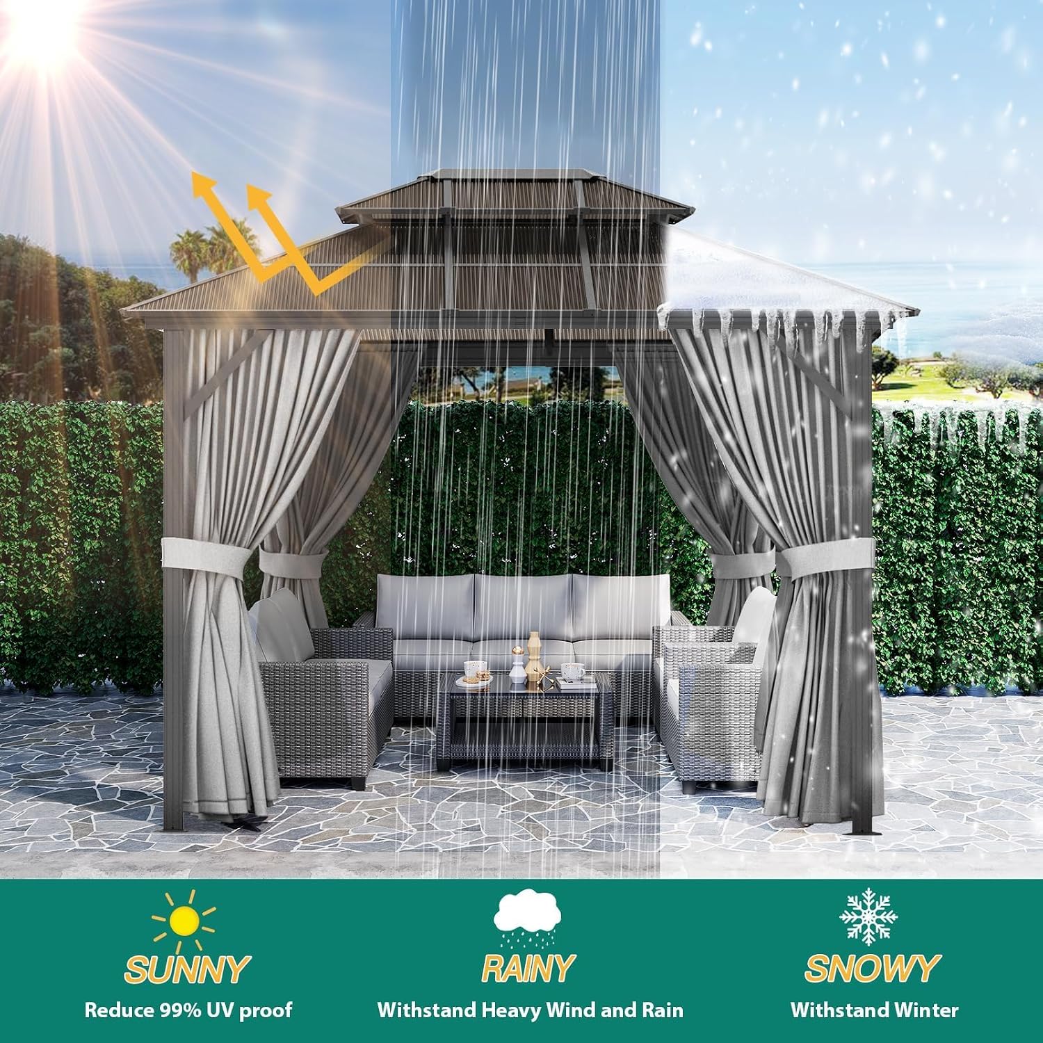 10'x10' Hardtop Gazebo - Heavy Duty Galvanized Steel Frame with Double Roof, Includes Netting & Curtains for Patio/Backyard (Gray)