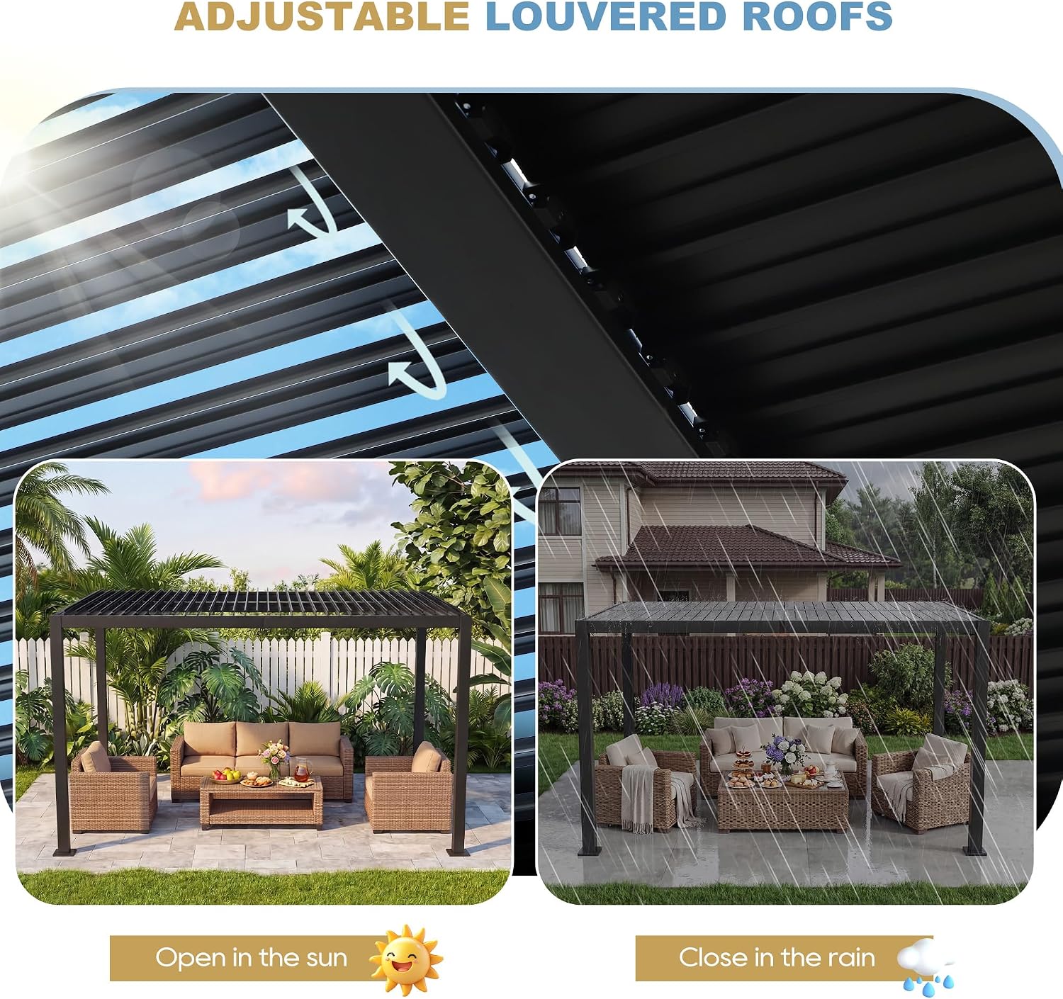 10' x 13' Aluminum Louvered Pergola with Gutter Drainage System, Outdoor Hardtop Gazebo with Adjustable Roof, All-Weather Metal Pergola for Patio, Garden, Deck(Black)