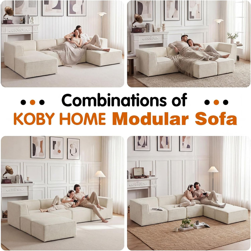 136' 6-Piece Sectional Sofa Modular Couches,L-U-Shaped with Chaise,for Living Room,Compressed Foam No Assembly,for Living Room (2xArmless Corner Ottoman) Fabric Chenille Beige