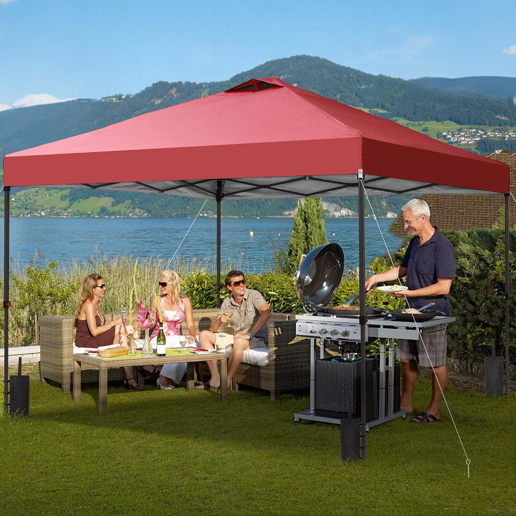 GDY 12x12 Pop Up Canopy Patio Carpas, One Push Set up with Central Lock Canopy with Wheeled Carry Bag, Included 4 Sandbaogs,8 Stakes and 4 Ropes, Red