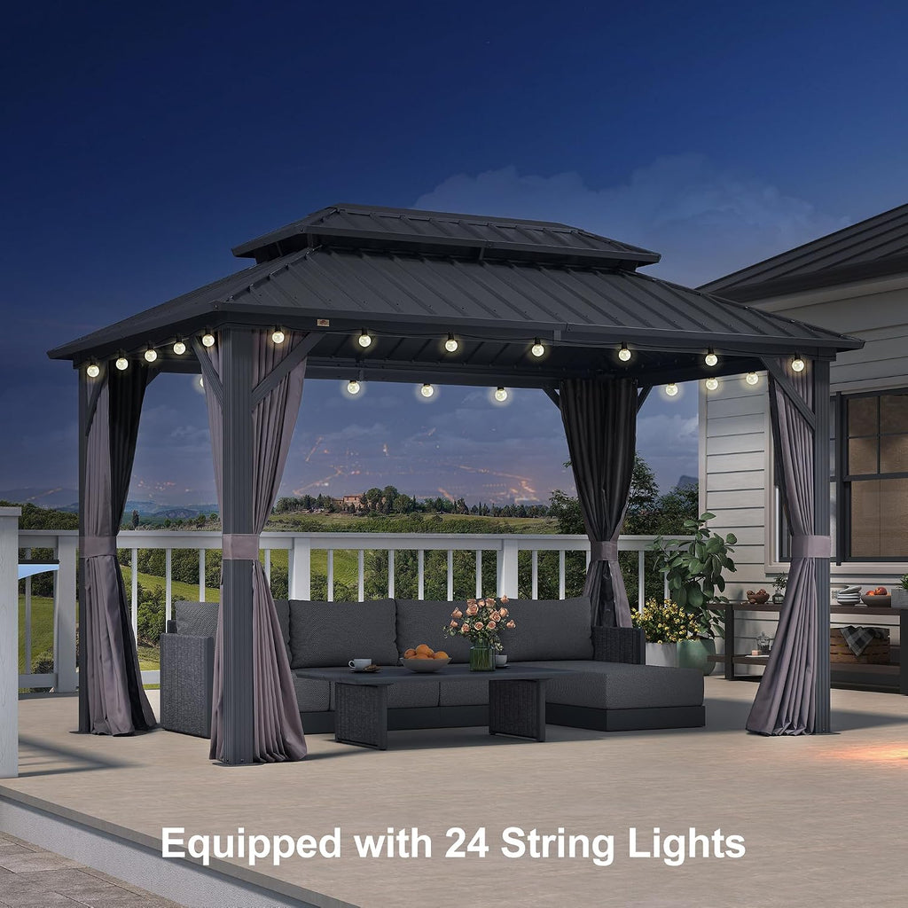 PURPLE LEAF 08'x12' Hardtop Outdoor Patio Gazebo with Lights UV Protected Aluminum Double Roof Galvanized Steel Frame Includes Netting and Curtains for Deck Garden Backyard Grey
