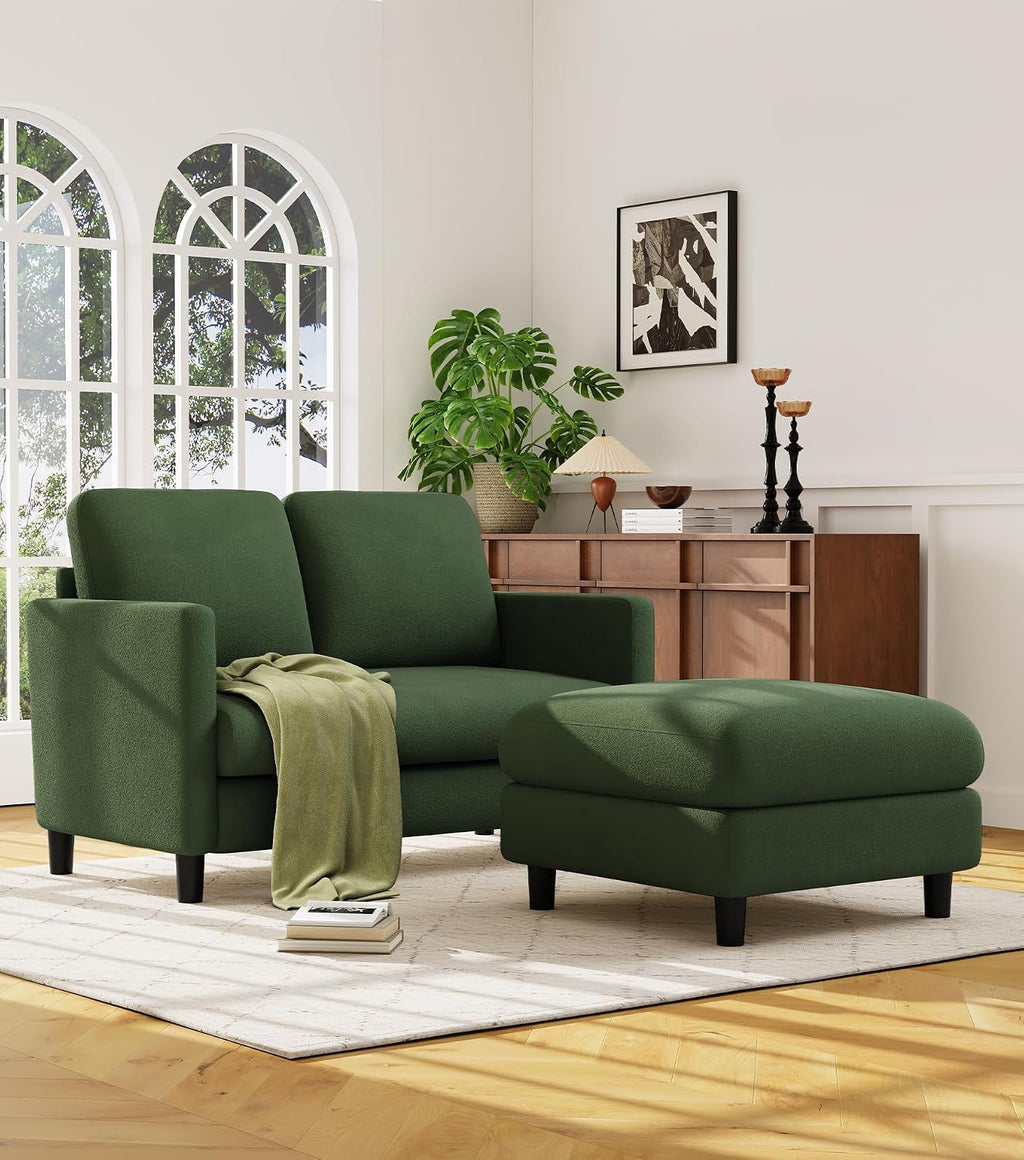 Welzona Loveseat, 51' Small L Shaped Couch, Comfy Teddy Love Seat with Ottoman Set, Tool-Free Setup Loveseat Sofa with Ottoman, All-Wood Small Sofa Couch for Bedroom, Couch for Living Room, Green