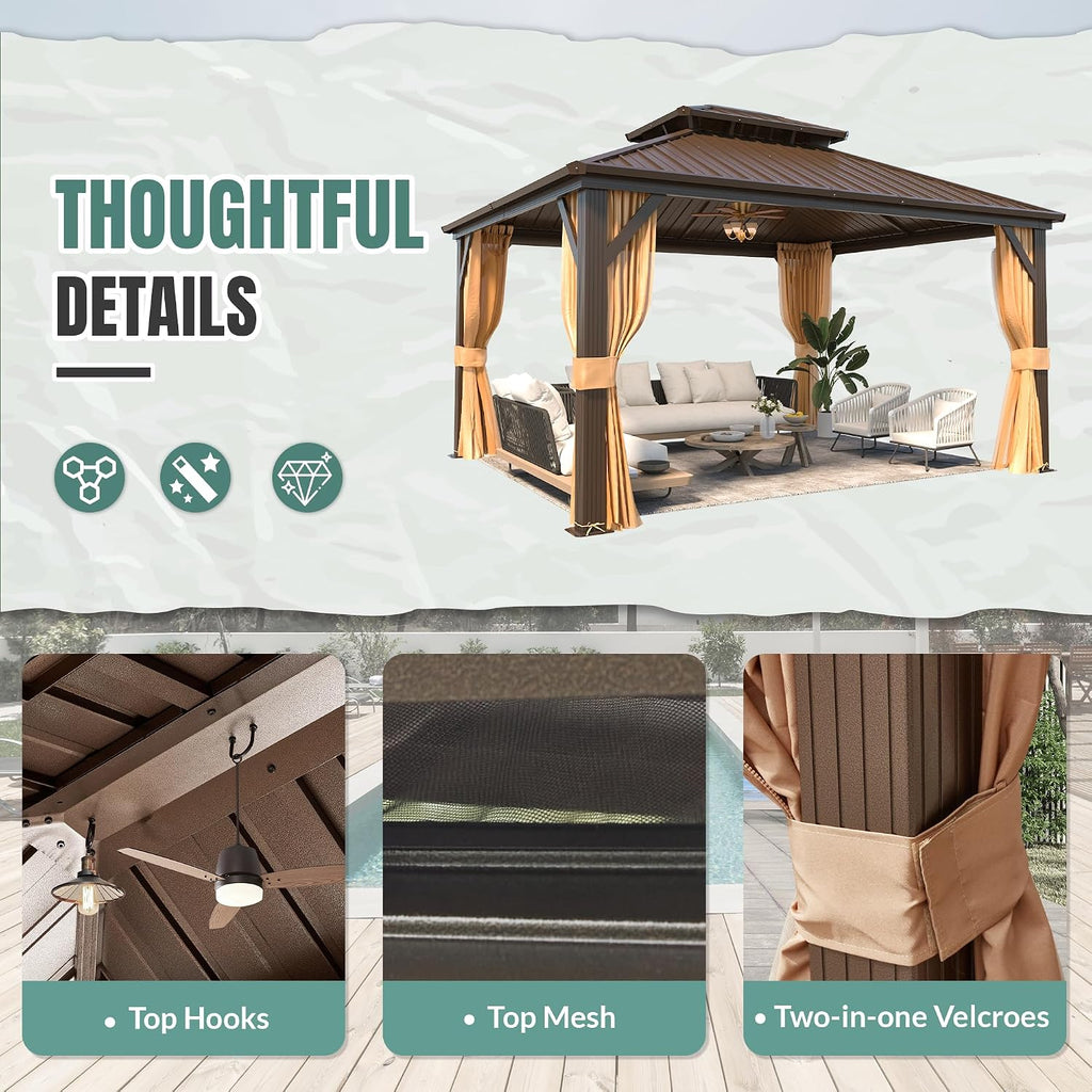 MELLCOM 10' x 12' Gazebo, Hardtop Double Roof Gazebo with Aluminum Frame, Galvanized Steel Outdoor Pavilion with Curtain and Netting for Patio, Garden, Lawn, Brown
