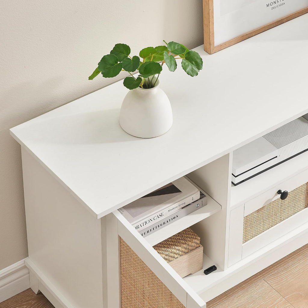 GAOMON Rattan TV Stand for 65 Inch TV, Boho Entertainment Center, TV Console with 2 Cabinets & Adjustable Shelf, Modern TV Stand with Storage (White Desktop)