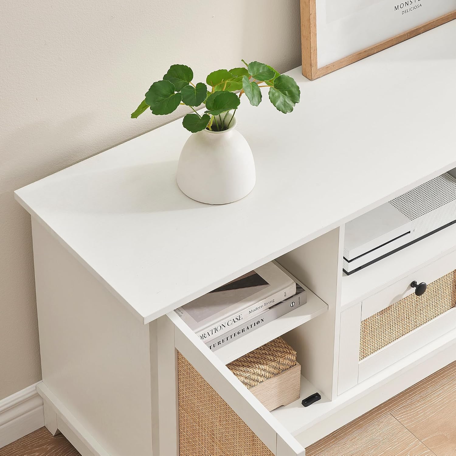 GAOMON Rattan TV Stand for 65 Inch TV, Boho Entertainment Center, TV Console with 2 Cabinets & Adjustable Shelf, Modern TV Stand with Storage (White Desktop)