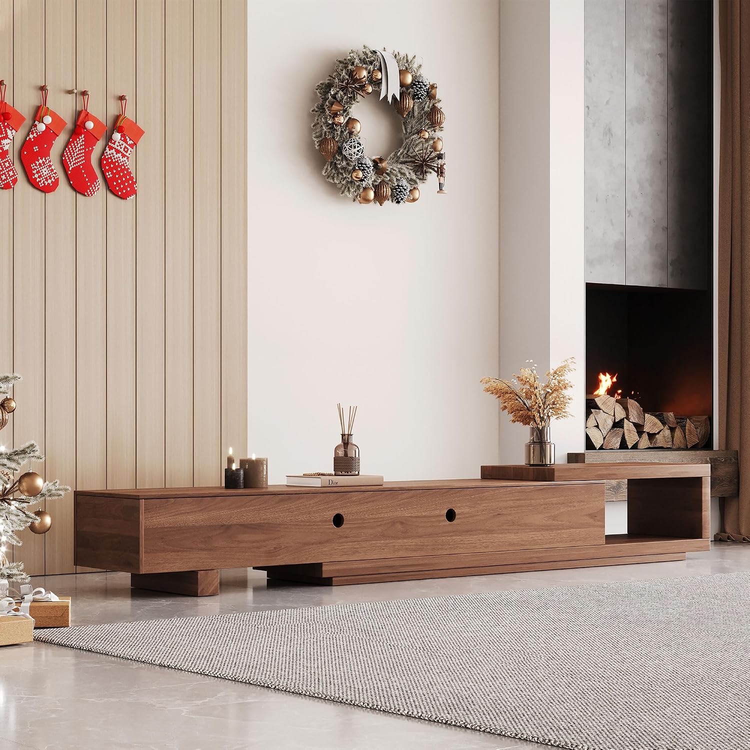 Mid Century Modern TV Stand for 75+ Inch TVs, Extendable Media Console (78'-103') with Ample Storage - Sleek Walnut Entertainment Center for Living Room