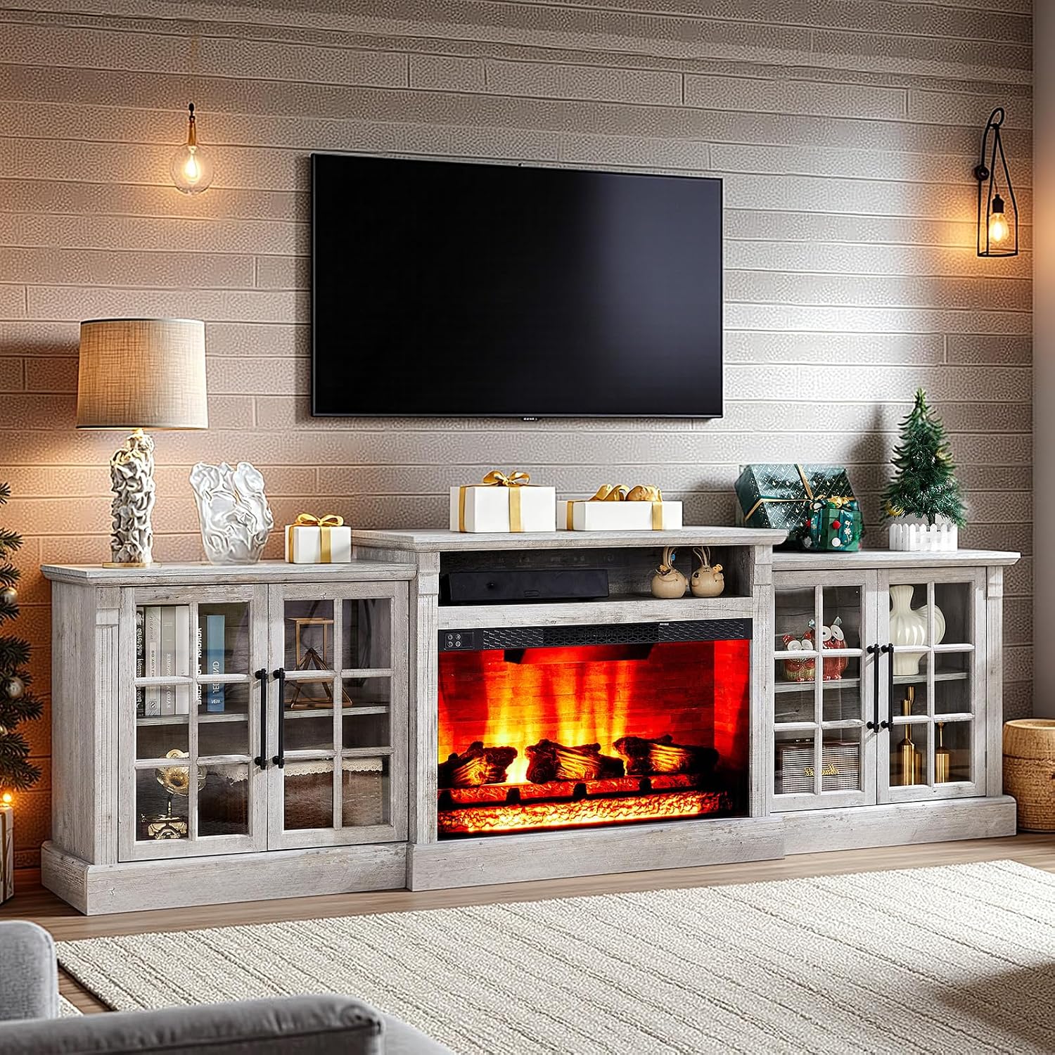 AMERLIFE 97' Farmhouse Fireplace TV Stand, Entertainment Center with Large Storage Space and Adjustable Shelf, Media Console for Living Room, Light Grey