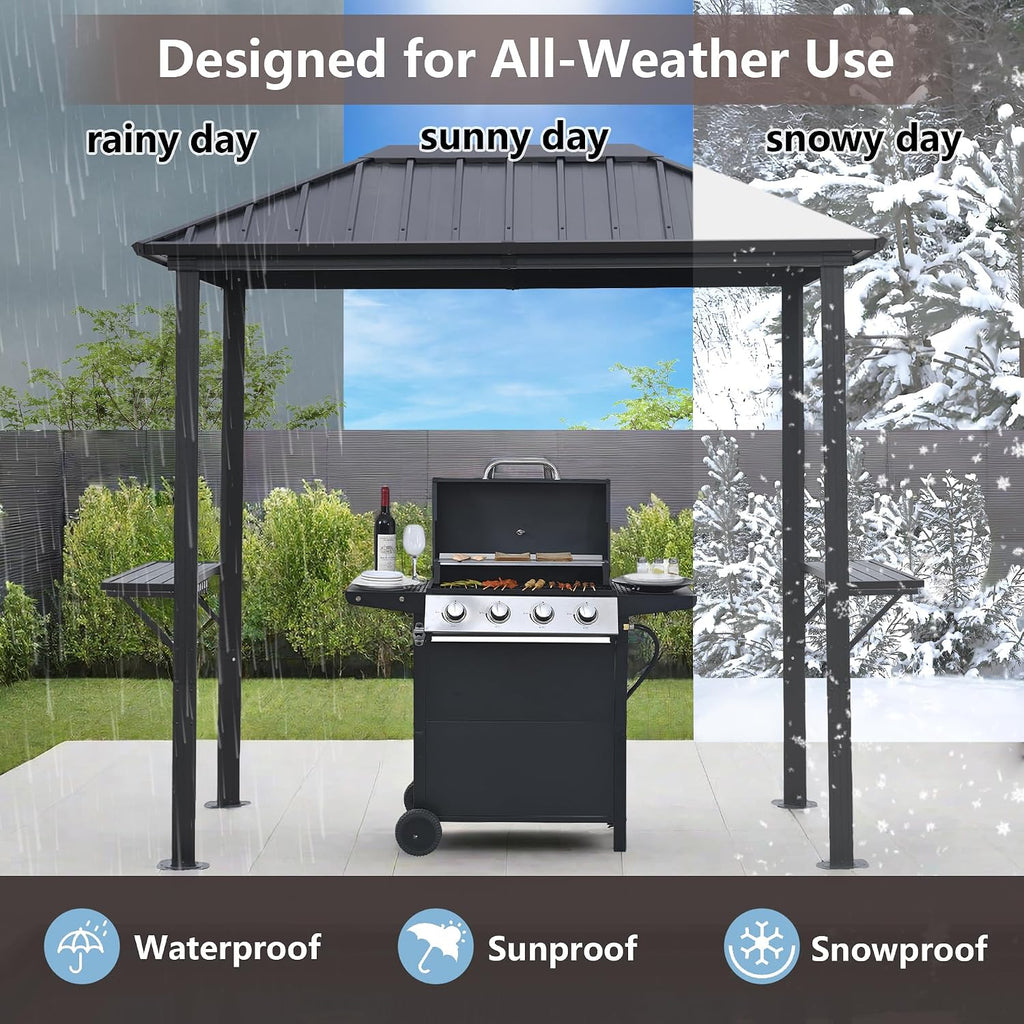 5x8ft Hardtop Grill Gazebo, Outdoor Gazebo for Grill with Sturdy Aluminum Frame & Shelves, Permanent Galvanized Steel Pavilion for Patio, Backyard, Lawn, Garden