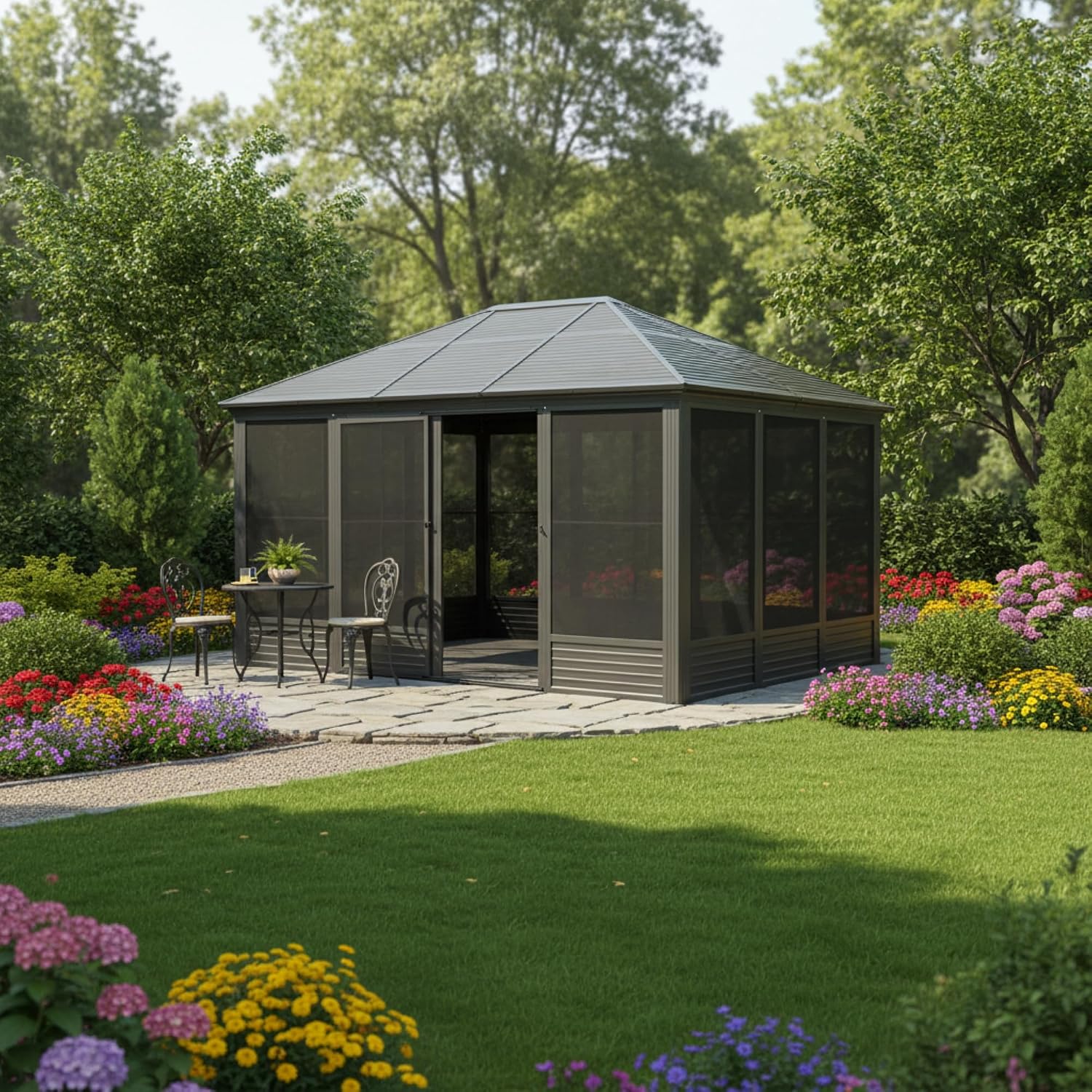 11.2'(W) x 14.6'(L) Outdoor Sunroom Aluminum Hardtop Gazebo with Galvanized Steel Roof, PVC Screen Walls and Sliding Doors, Gray