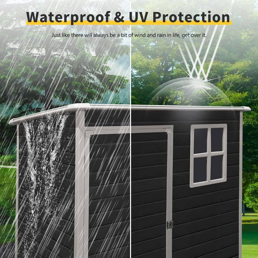 5X3 ft Outdoor Resin Storage Shed with Floor and Windows, Waterproof Plastic Garden Shed with Lockable Door and Air Vents, All-Weather Tool Sheds for Backyard, Patio, Lawn (Black)