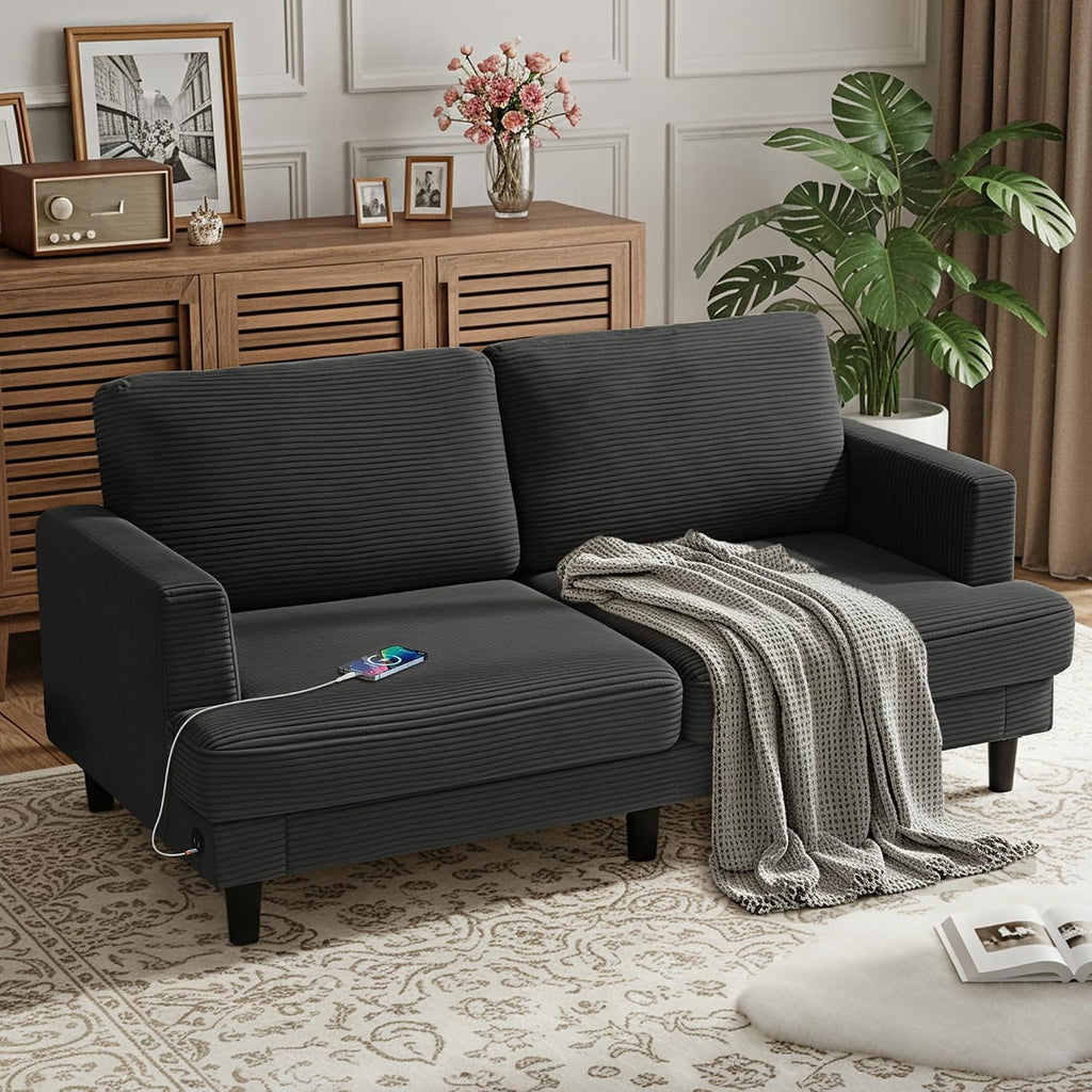 MAKIAAP 70' Loveseat Sofa for Living Room, Comfy Corduroy Couch with USB & Type-C Ports, Modern 2-Seater Deep Seat Small Couch for Bedroom, Apartment, Office – Soft Cushions & Sturdy Frame (Gray)