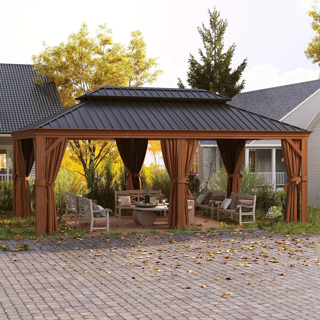 12' x 20' Hardtop Gazebo, Wooden Finish Aluminum Frame with Galvanized Steel Double Roof, Permanent Outdoor Metal Pavilion with Curtains and Netting, Ideal for Backyard, Patio, and Deck