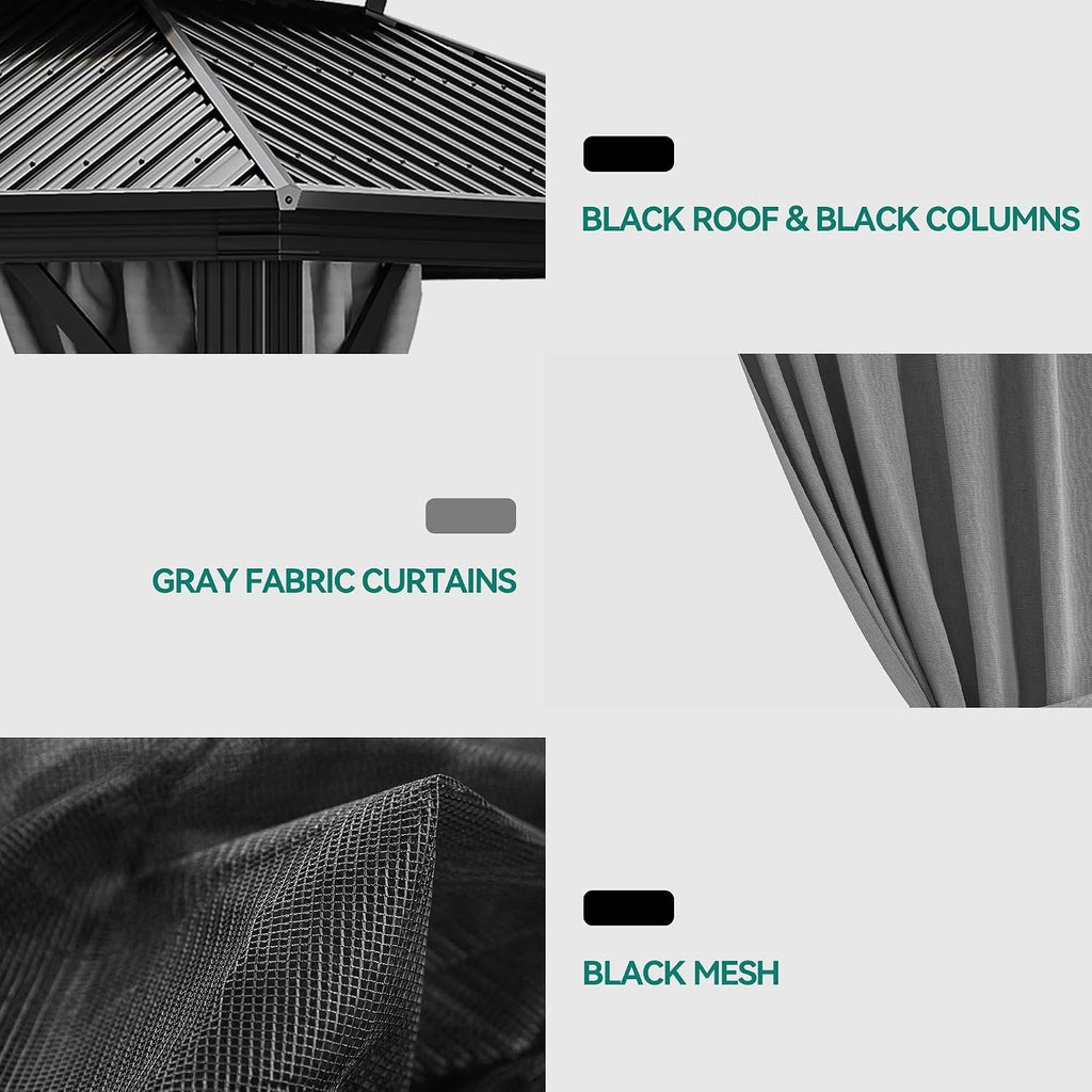 YITAHOME 10x12ft Gazebo Hardtop with Nettings and Curtains, Heavy Duty Double Roof Galvanized Steel Outdoor Combined of Vertical Stripes Roof for Patio, Backyard, Deck, Lawns, Gray