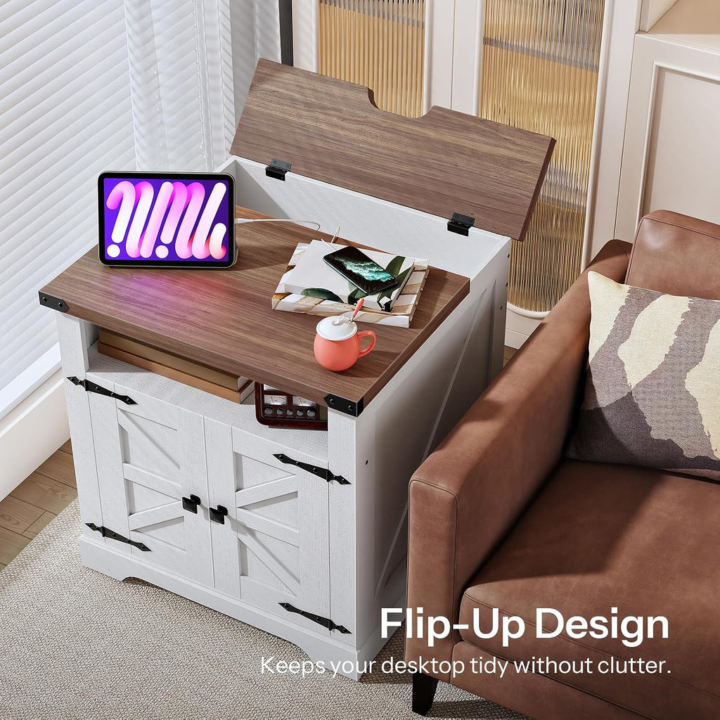 HOOBRO Farmhouse End Table with Charging Station, 23.6' Large End Tables for Living Room, Sofa Side Table with Barn Door, Wooden Square Nightstand Bedside Table, Flip Top, White and Walnut WH601UBZ01