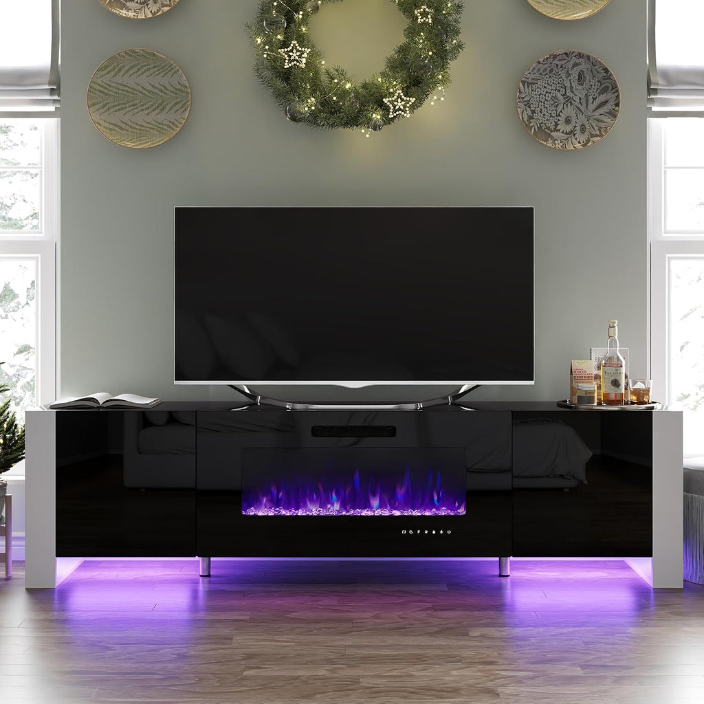 VanAcc 80' Fireplace TV Stand with 40' Electric Fireplace, High Gloss Entertainment Center with LED Lights, Modern Entertainment Stand for TVs up to 90', Black