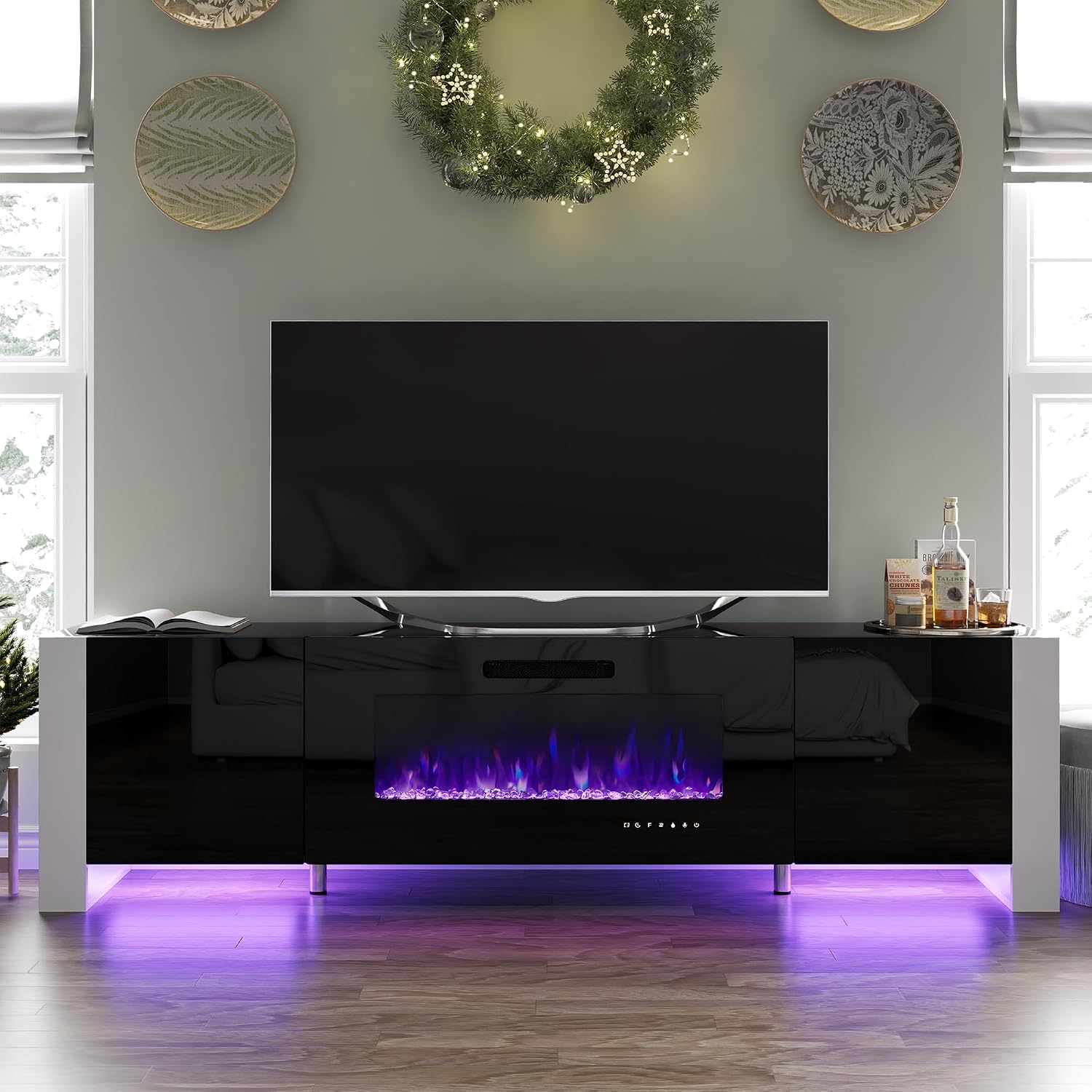 VanAcc 80' Fireplace TV Stand with 40' Electric Fireplace, High Gloss Entertainment Center with LED Lights, Modern Entertainment Stand for TVs up to 90', Black
