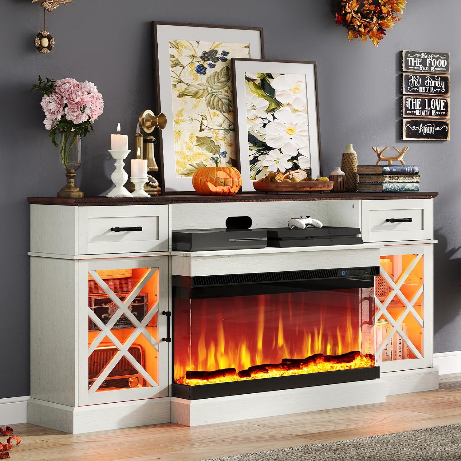 AMERLIFE Farmhouse LED Fireplace TV Stand with 3-Sided Glass Fireplace, 70' Large Entertainment Center for TVs up to 80', Rustic TV Console with Glass Door Storage for Living Room, Barnwood+White