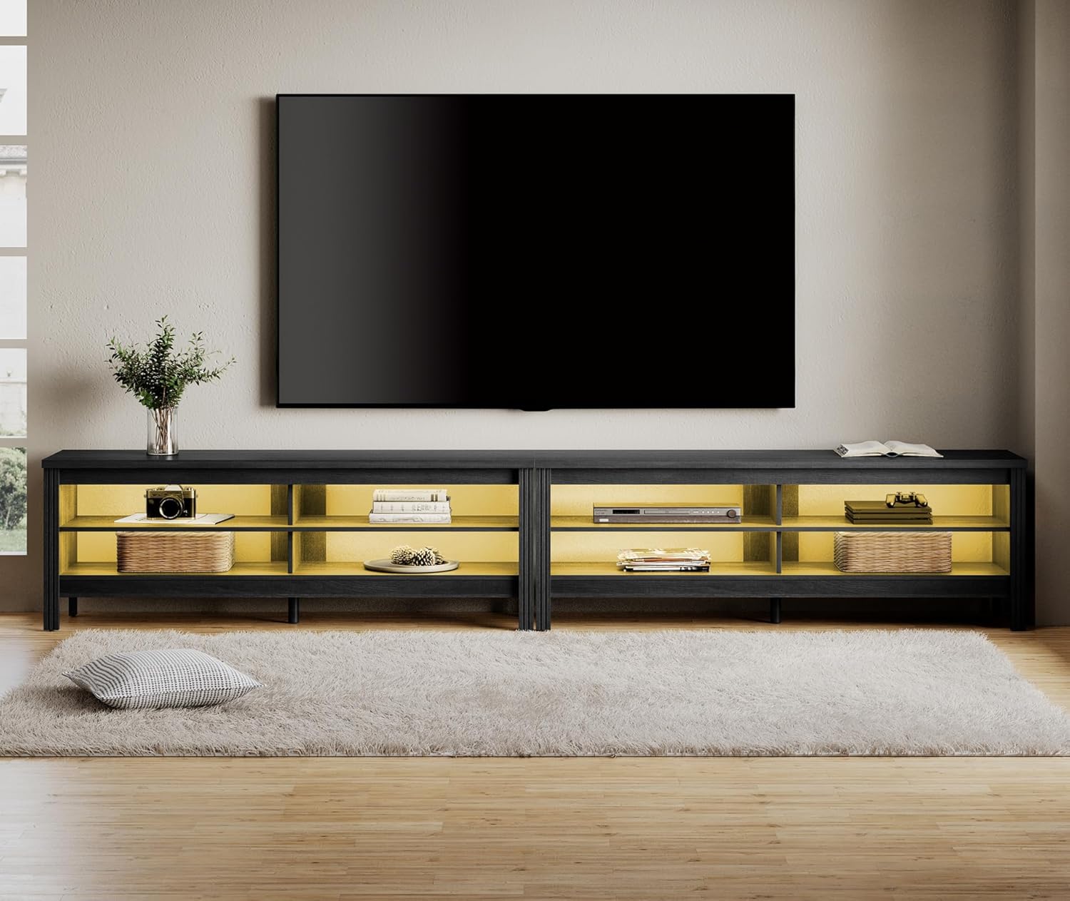 WAMPAT LED TV Stand for 100 Inch TV, Black/Oak Entertainment Center for 90 85 80 inch TV Console Table with 8 Cubby Storage for Living Room Bedroom, (W01A3155B+W01003*2)