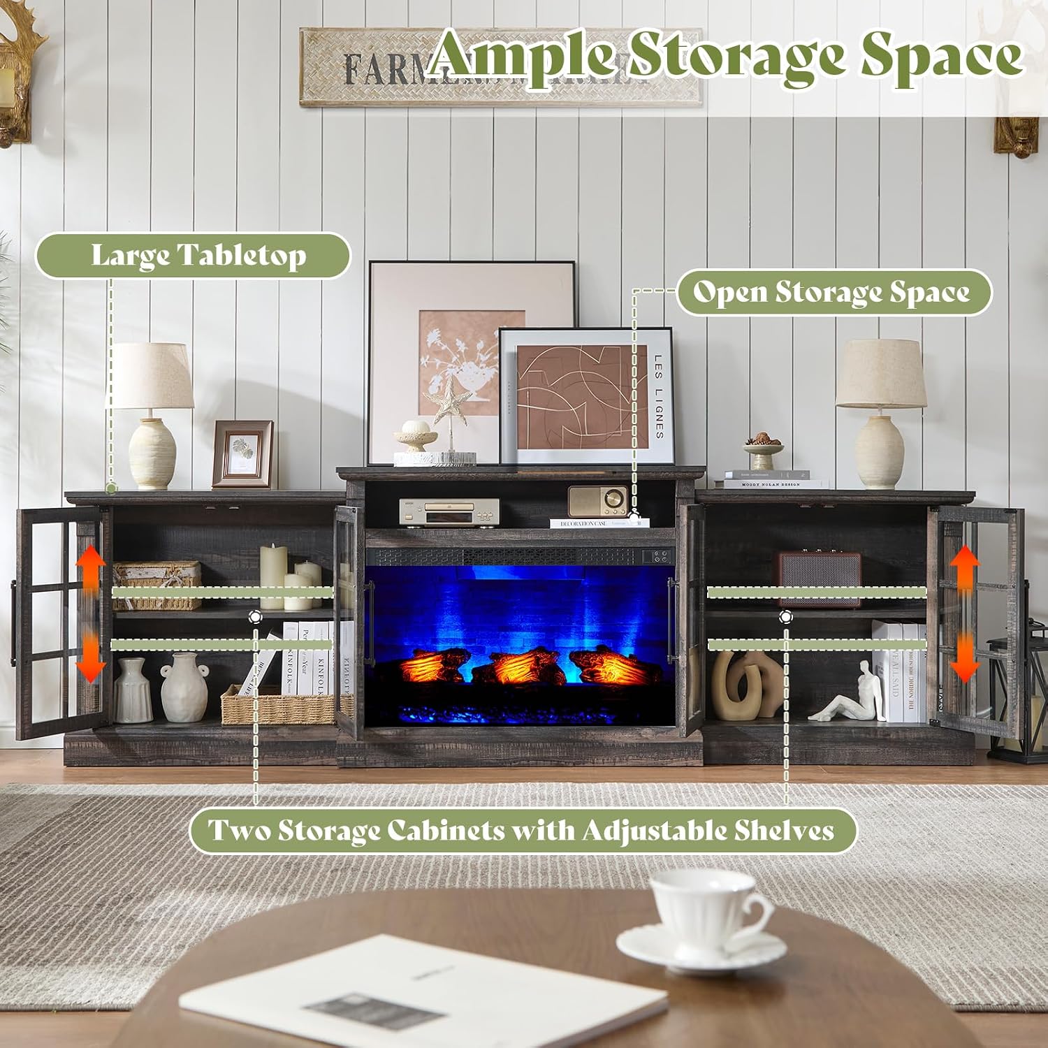 AMERLIFE 97' Farmhouse Fireplace TV Stand, Entertainment Center with Large Storage Space and Adjustable Shelf, Media Console for Living Room, Black