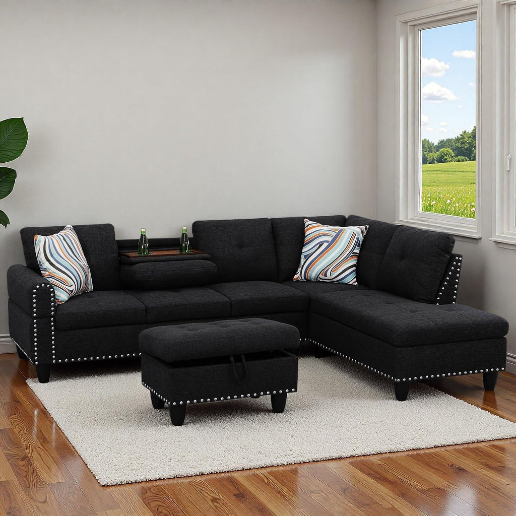97.5' L Shaped Couch Set Linen, Modular Sectional Couches for Living Room with Storage Ottoman, 4 Seat Home Sofa Living Room Furniture Sets with Chaise for Apartment Office (Black Grey)