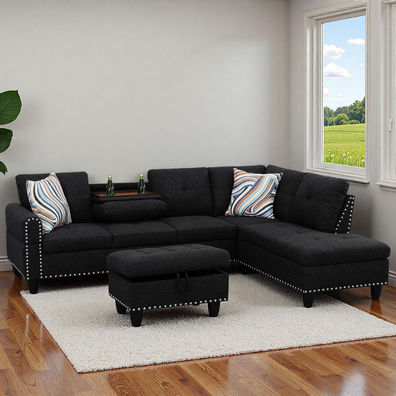97.5' L Shaped Couch Set Linen, Modular Sectional Couches for Living Room with Storage Ottoman, 4 Seat Home Sofa Living Room Furniture Sets with Chaise for Apartment Office (Black Grey)