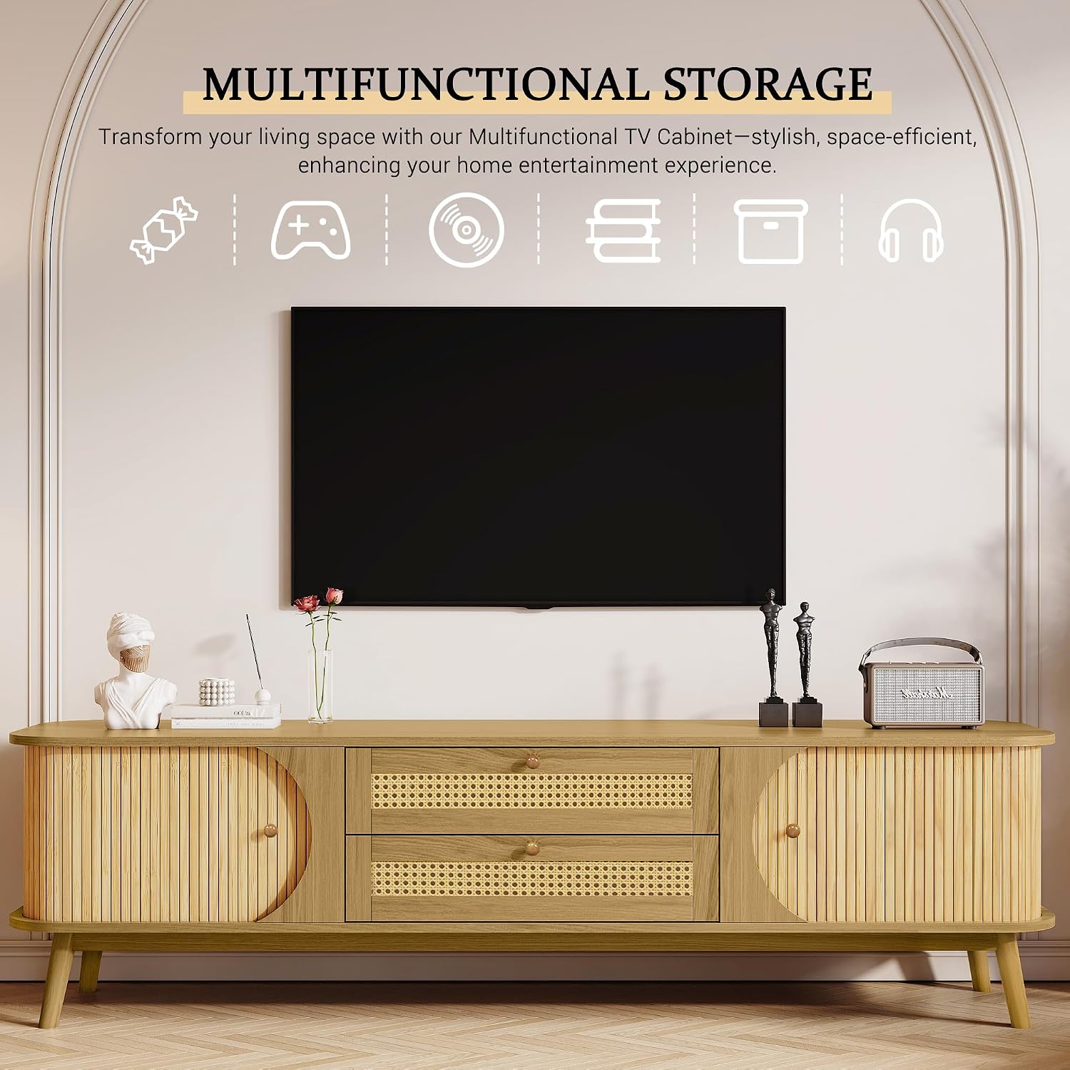 Merax Rattan TV Stand for TVs up to 75', Modern Farmhouse Media Console with Multi-Functional Storage, Boho Entertainment Center with Solid Wood Legs, Television Cabinet for Living Room, Natural+Wood