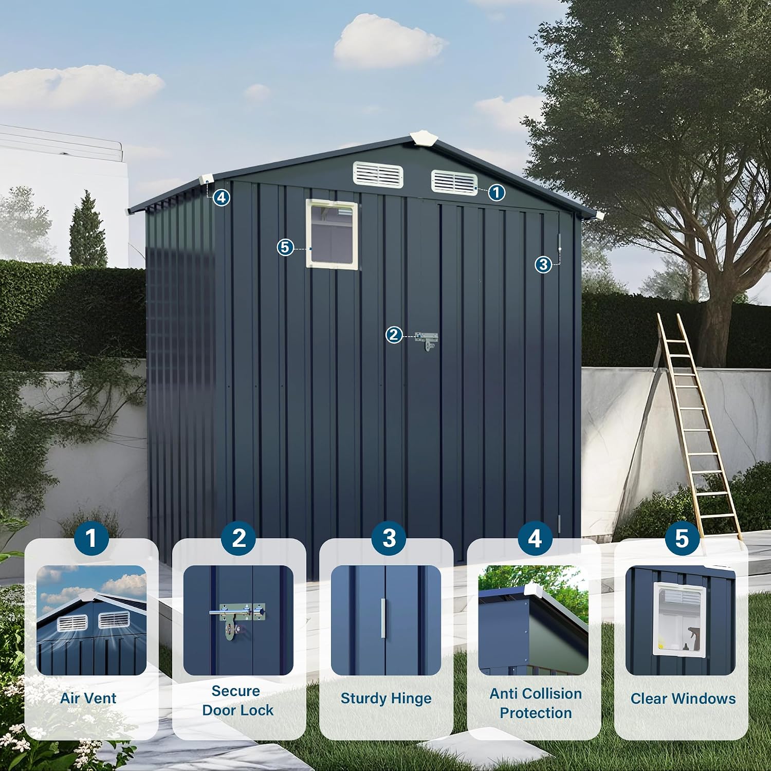 Metal Storage Shed, 6X3.6 FT Lockable Outdoor Tool Shed with Air Vent and Clear Windows, Galvanized Steel Garden Shed for Backyard, Patio, Garden, Bike Storage or Outdoor Use, Grey