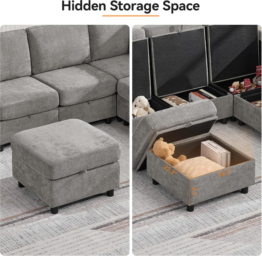 WUTUTUEE 25'Square Storage Ottoman Module for Modular Sectional Sofa, Living Room Coffee Table Sectional Ottoman Footrest for Convertible Couch, Chenille Light Grey