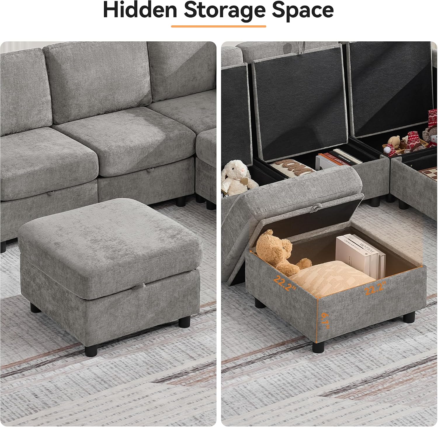 WUTUTUEE 25'Square Storage Ottoman Module for Modular Sectional Sofa, Living Room Coffee Table Sectional Ottoman Footrest for Convertible Couch, Chenille Light Grey