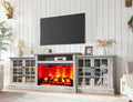 AMERLIFE 97' Farmhouse Fireplace TV Stand, Entertainment Center with Large Storage Space and Adjustable Shelf, Media Console for Living Room, Light Grey