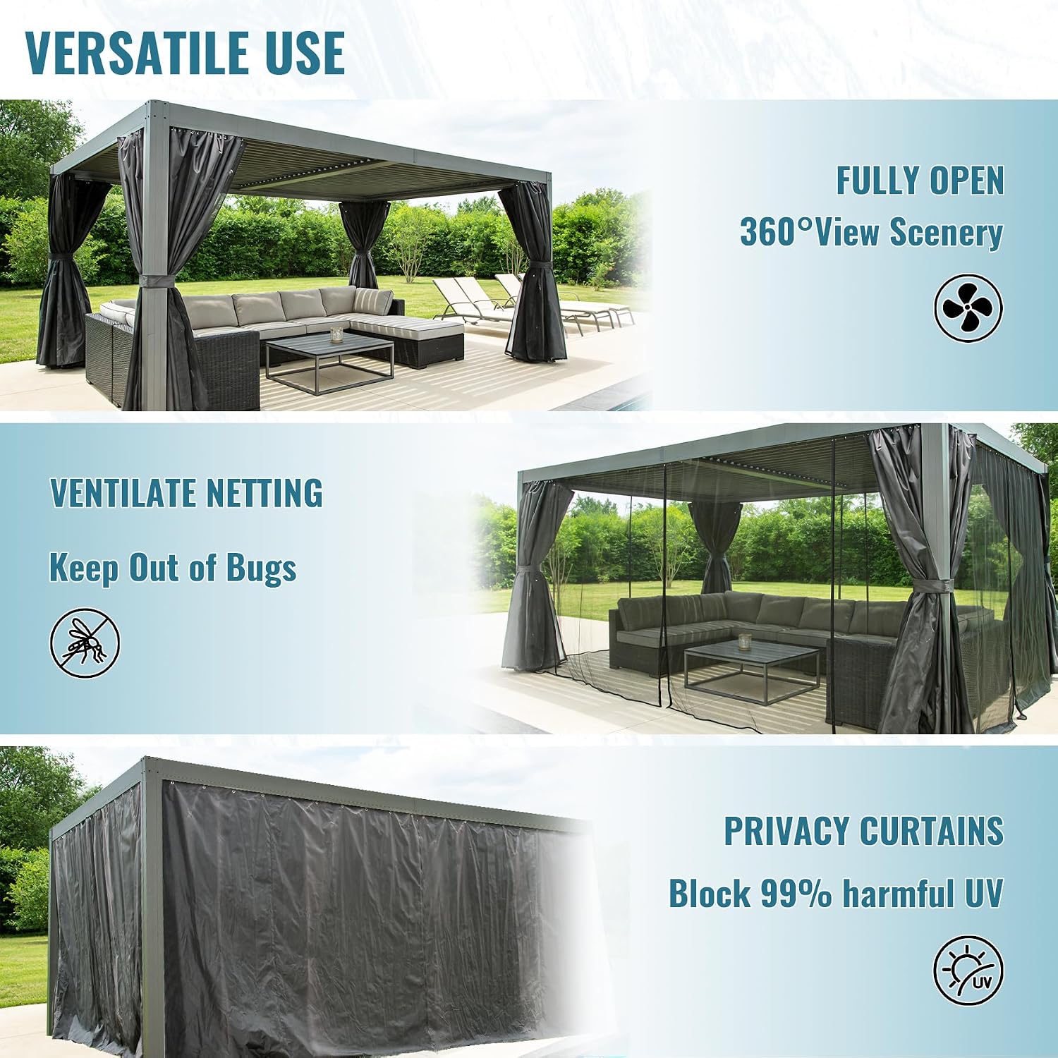 Domi 10x13FT Louvered Pergola Aluminum Structure Outdoor Pergola with Adjustable Roof Patio Pergola for Backyard Garden, Curtains and Netting, Dark Gray