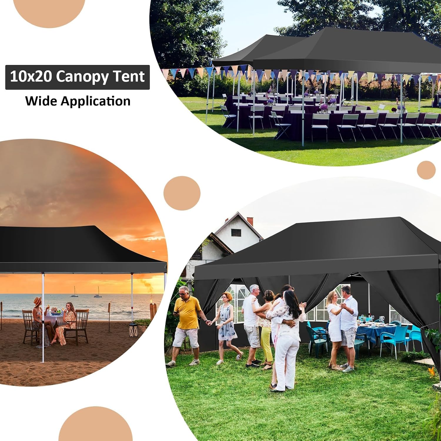 COBIZI 10x20 Pop Up Canopy with 6 Sidewalls, Conical Canopy Tents for Parties, Backyard, Commercial, Waterproof Event Tent Instant Shelter UV50+ Outdoor Gazebo with 4 Sandbags (Peak Drainage)