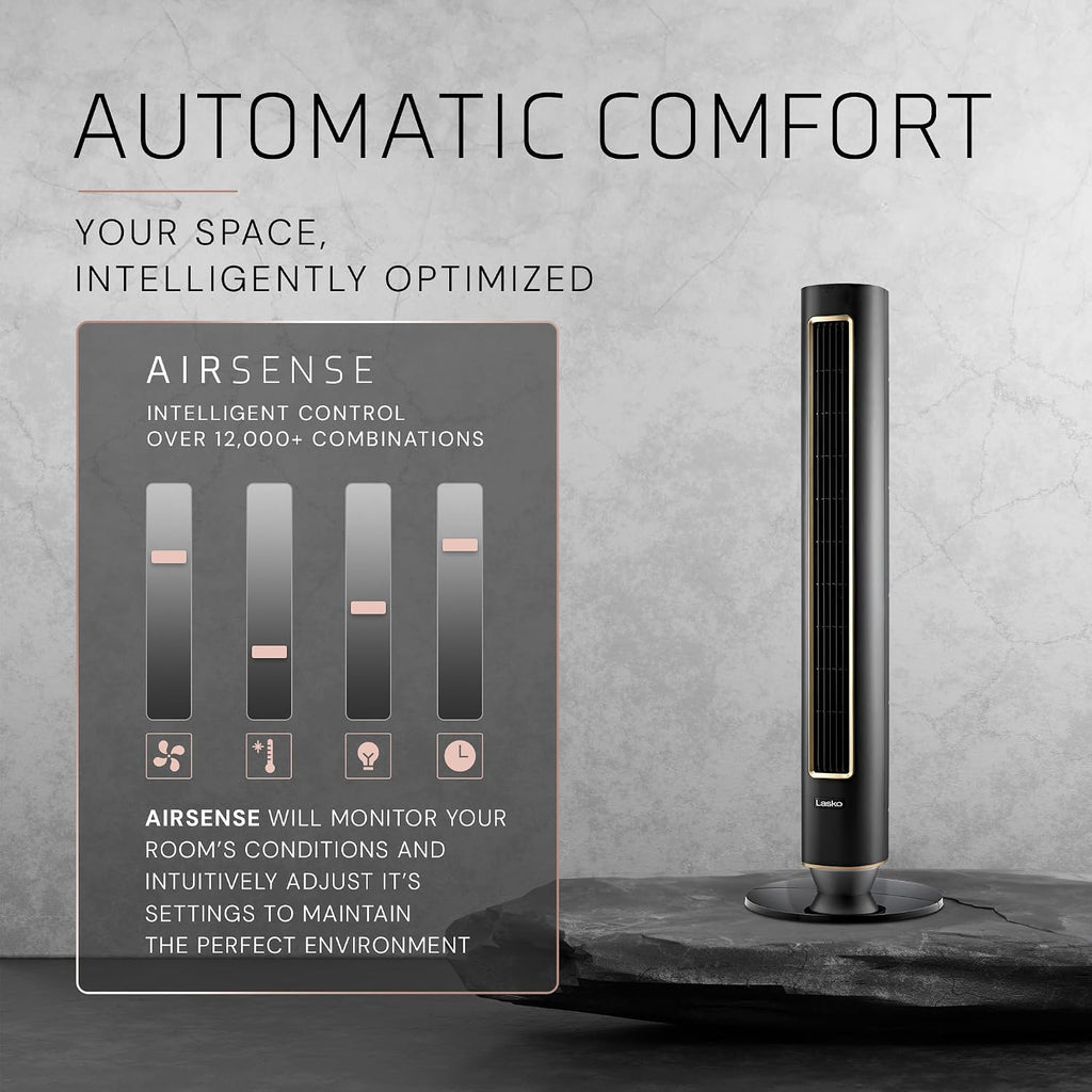 Lasko Pinnacle 40' Tower Fans for Home, 32 ft/s Airflow, Quiet 24dB, 90° Oscillation, Standing Fan for Bedroom with 24 Hour Timer, DC Motor, Air Filter for Hair & Dust, Night Light, Remote, DST100