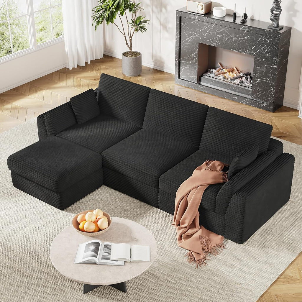Vabches 106.6' Modular Sectional Sofa with Chaise, Comfy Cloud Sectional Couch, Modern L-Shape Corduroy Sofa with Deep Seat, Upholstered Couches for Living Room Bedroom,No Assembly Required (Black)