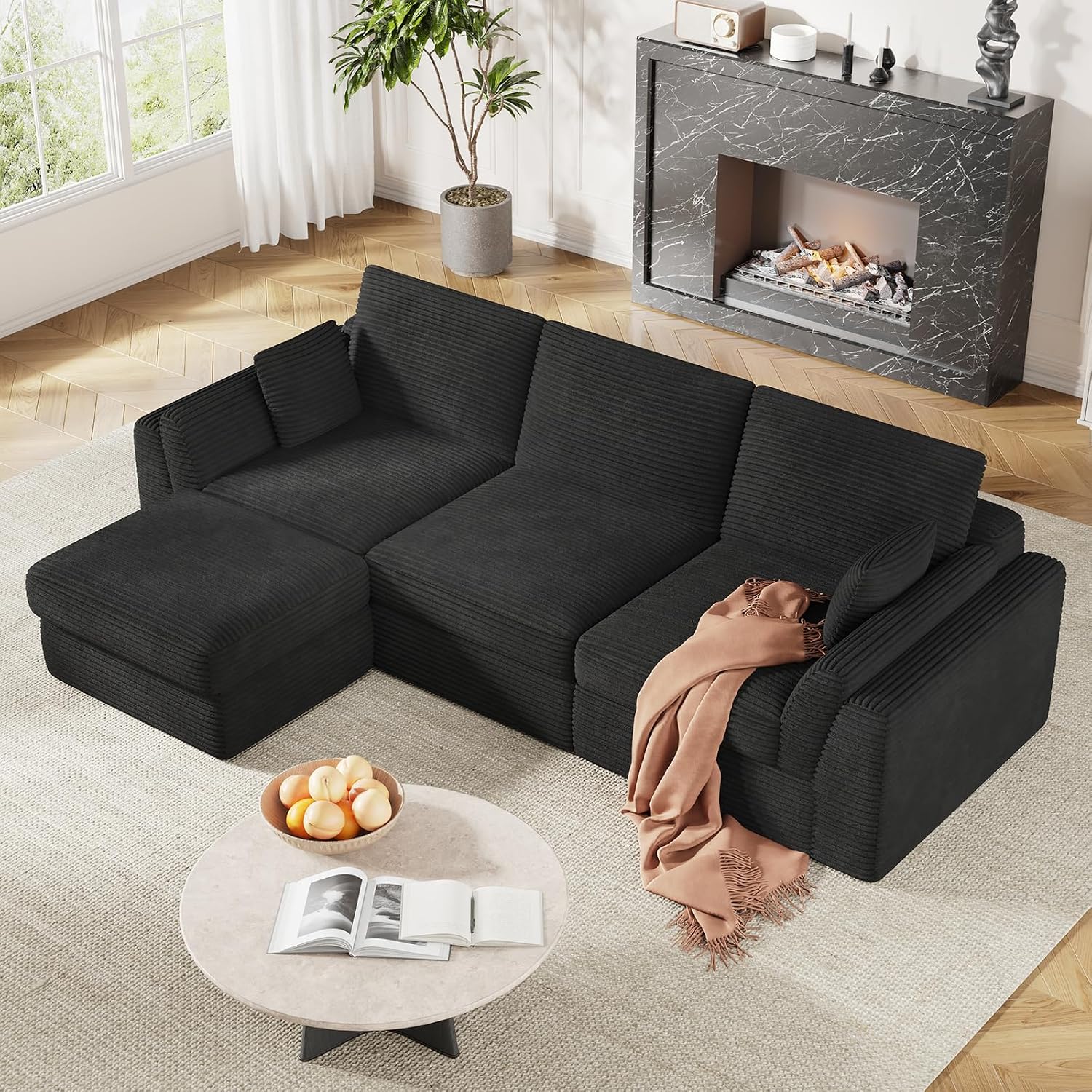 Vabches 106.6' Modular Sectional Sofa with Chaise, Comfy Cloud Sectional Couch, Modern L-Shape Corduroy Sofa with Deep Seat, Upholstered Couches for Living Room Bedroom,No Assembly Required (Black)