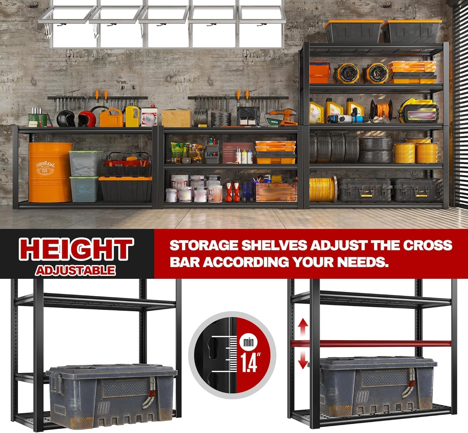 REIBII 48' W Garage Shelving Load 2500LBS, 5 Tier Storage Shelves, Adjustable Garage Storage Shelves, Heavy Duty Shelving for Warehouse, Pantry, Basement, Commercial, 48' W X 72' H X18 D