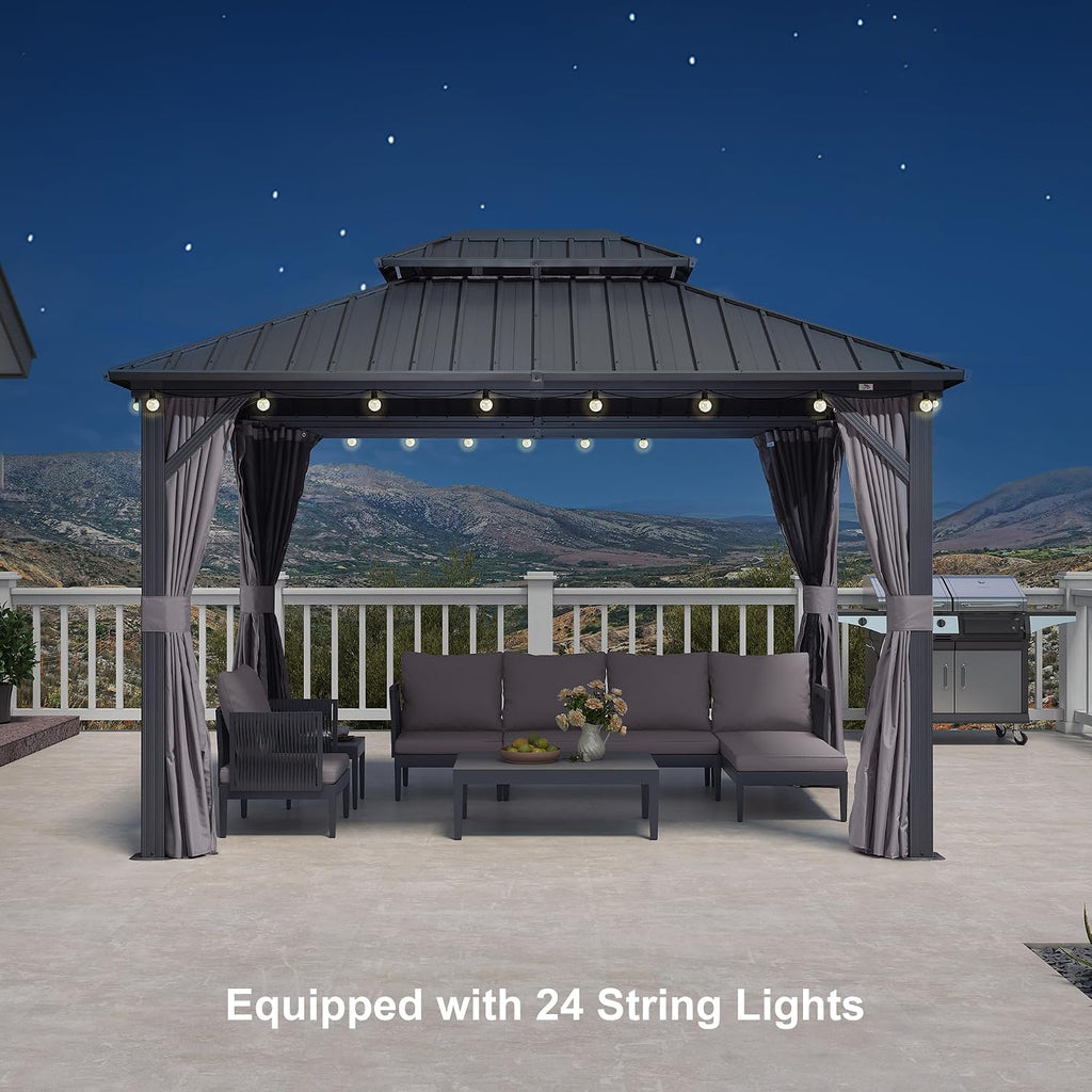 PURPLE LEAF 10'x12' Hardtop Gazebo with Lights UV-Protected Aluminum Double Roof Galvanized Steel Frame Outdoor Patio Gazebo Including Netting and Curtains for Deck Garden Backyard Grey
