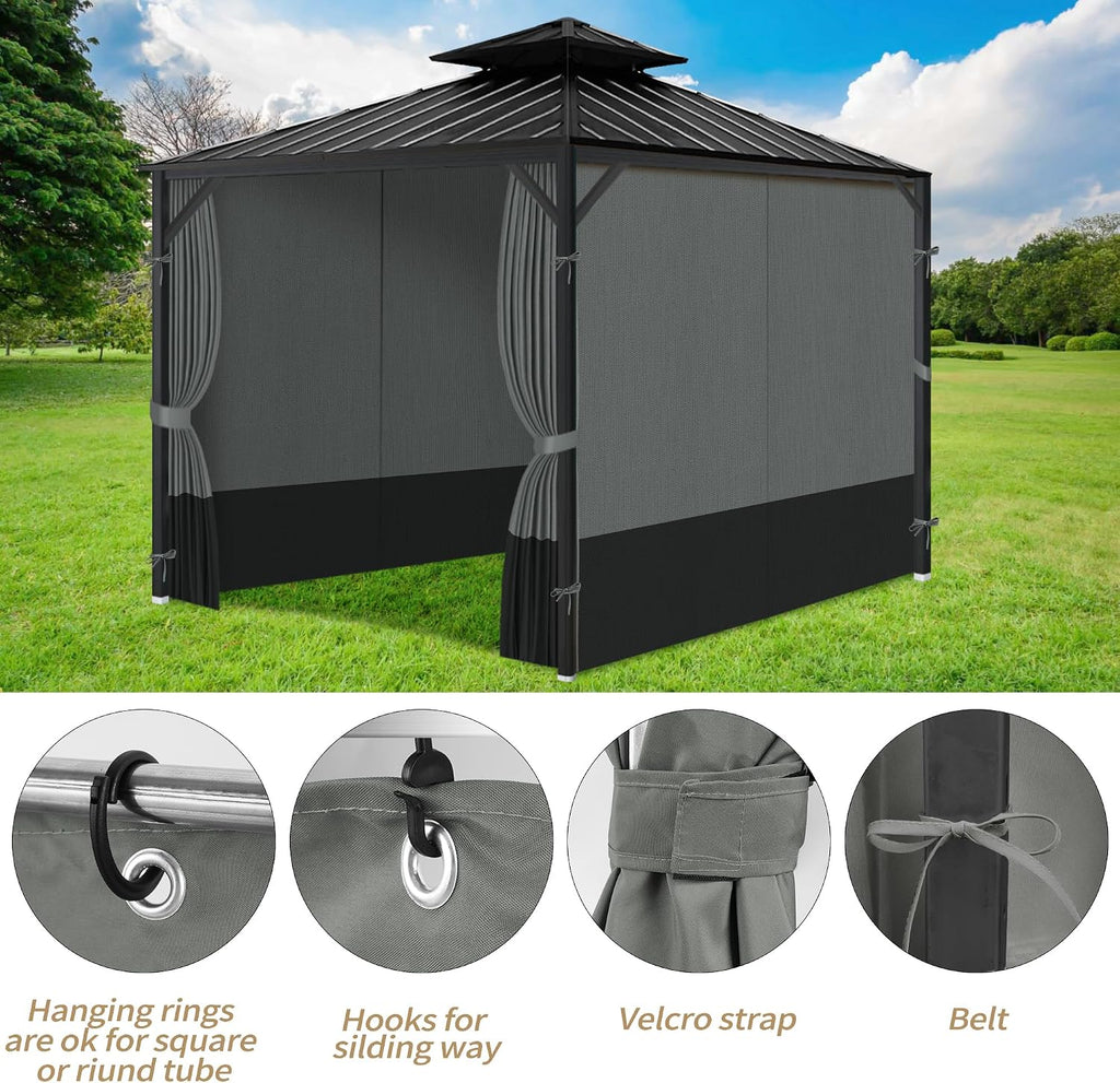 Gazebo Privacy Curtains 10' x 10' with Zipper 4-Panels Side Wall Universal Replacement for Patio, Outdoor Canopy, Garden and Backyard Gray and Black (Curtain Only)