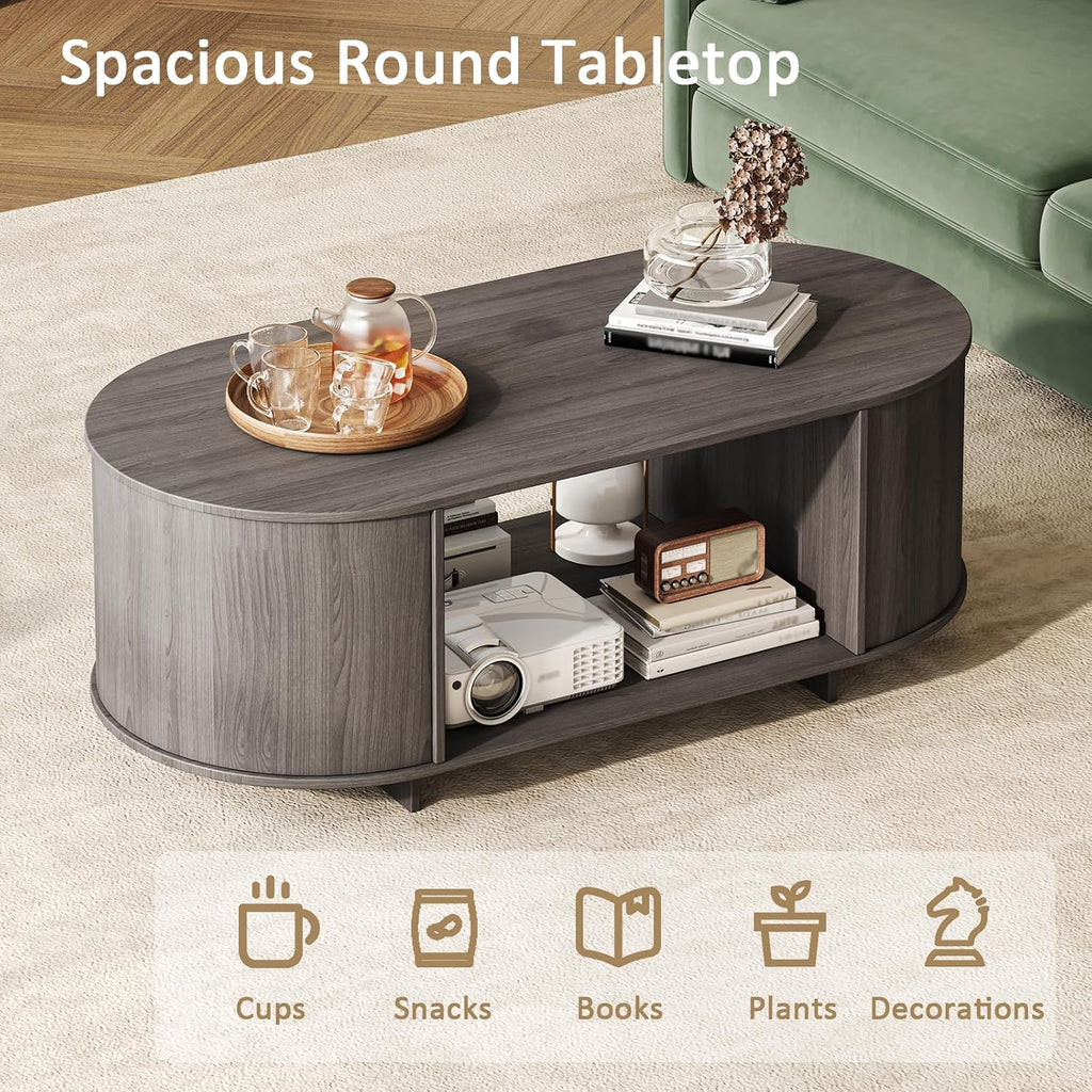 Coffee Table and TV Stand Set of 2,76.4'' Modern TV Console，Entertainment Center with 4 Drawers,Modern Oval Coffee Table with Storage, Wood Center Tables for Living Room, Bedroom, Home Office, Grey