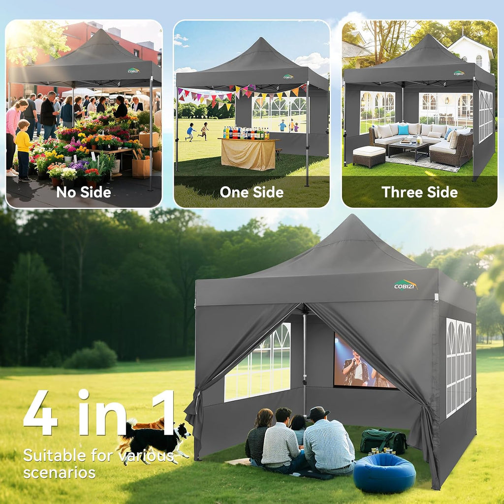COBIZI 10x10 Heavy Duty Pop Up Canopy Tent with 4 Sidewalls Thicken Frame, Commercial Easy Up Outdoor Wedding Party Tents, All Season Waterproof Windproof with Stakes Sandbags Ropes Roller Bag, Gray