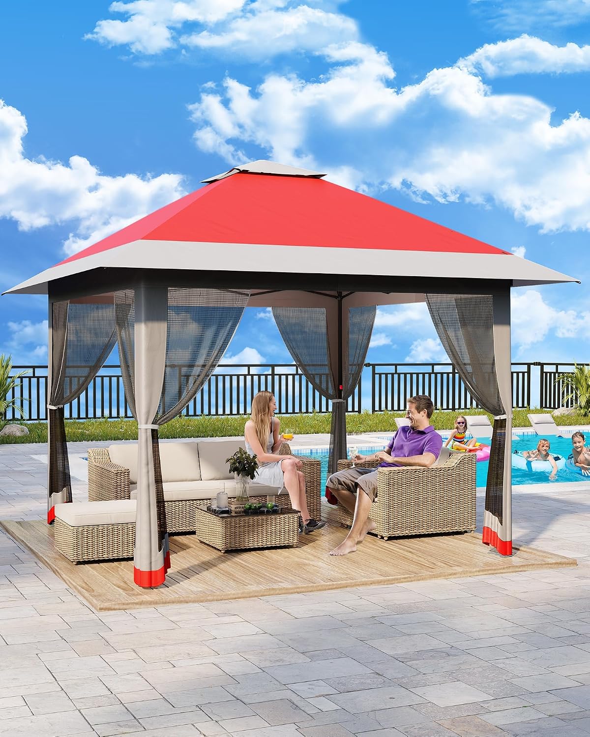 13'x13' Pop Up Gazebo, Heavy Duty Instant Canopy Gazebo with Mosquito Net & Double Roof, 3 Level Adjustable Height Canopy Tent, UV-Resistant Outdoor Party Tent for Backyard, Garden, Lawn