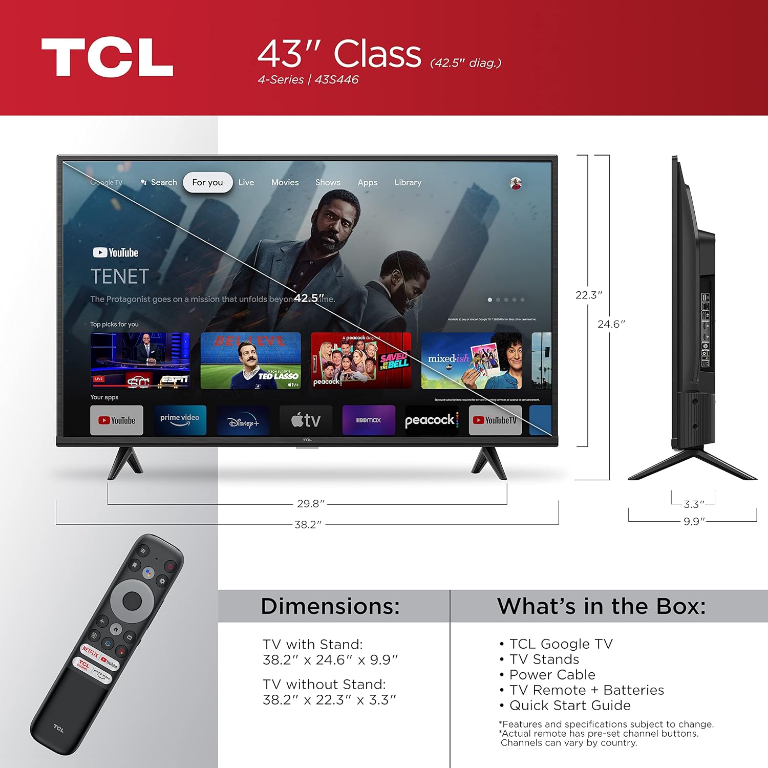 TCL 43' Class 4-Series 4K UHD HDR Smart Google TV – 43S446, 2022 Model